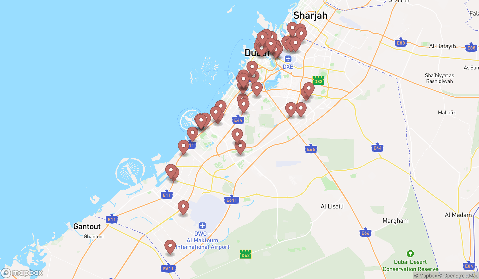 Map showing the search results in Dubai