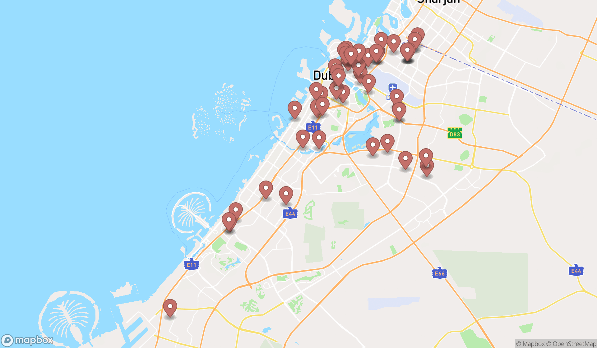 Map showing the search results in Dubai