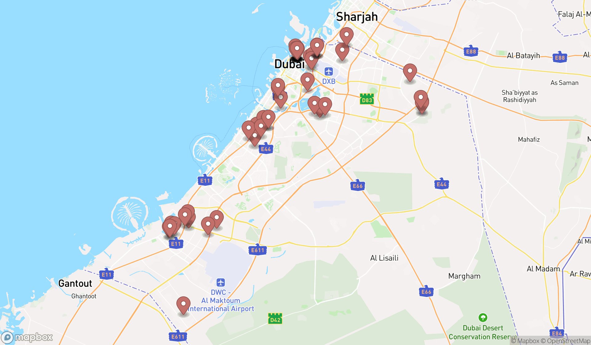 Map showing the search results in Dubai