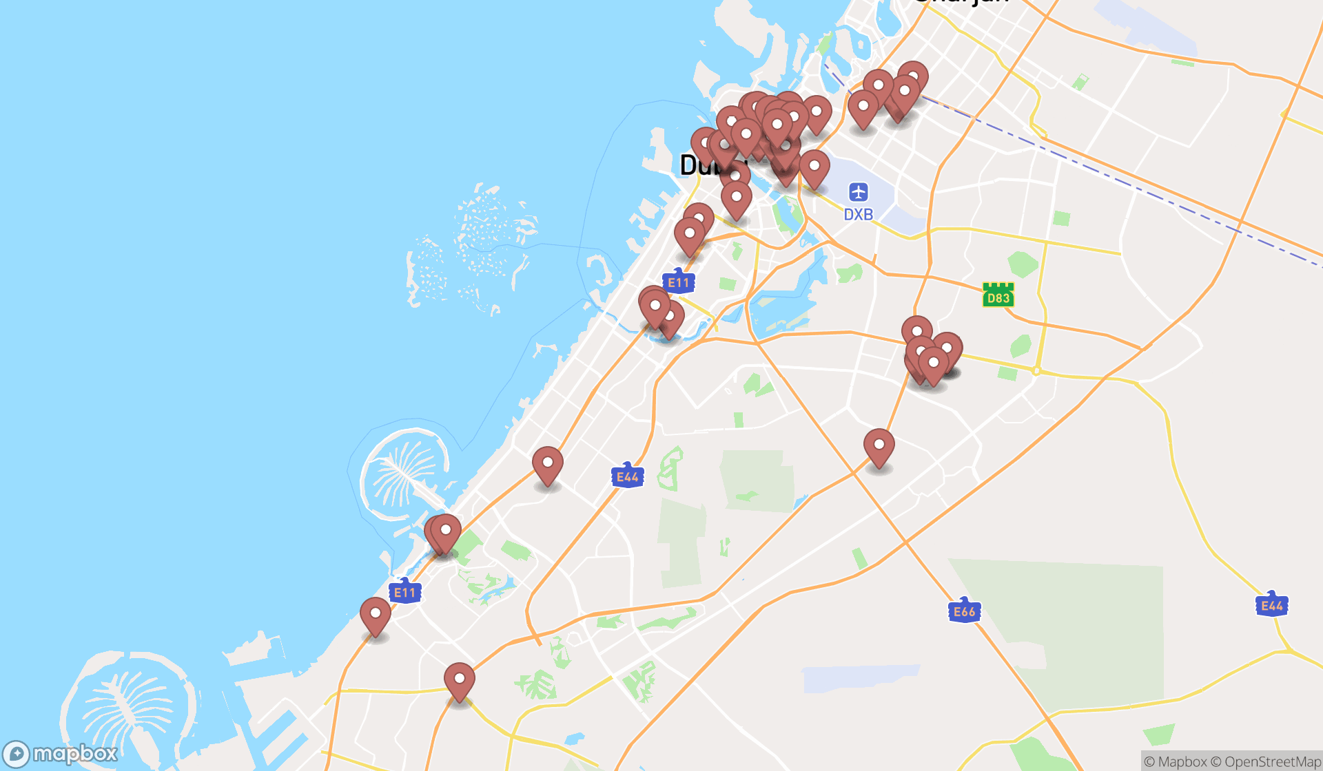 Map showing the search results in Dubai