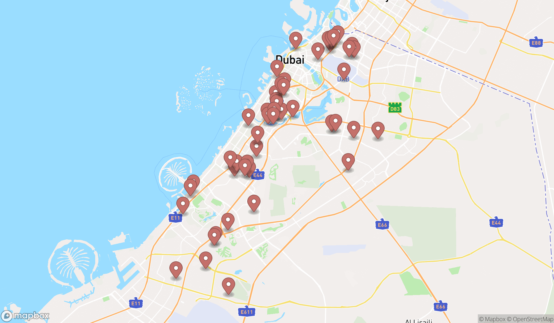 Map showing the search results in Dubai