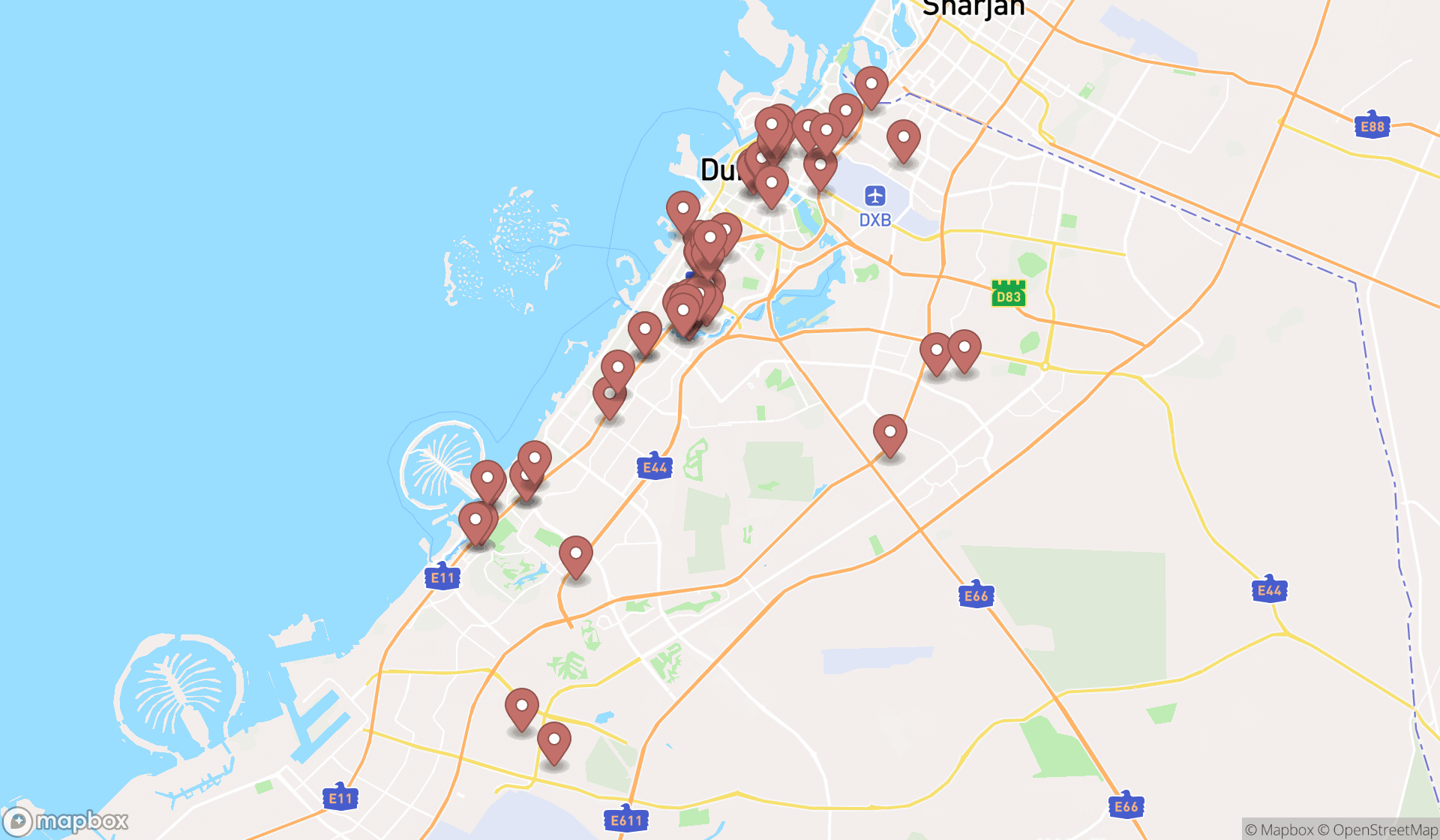 Map showing the search results in Dubai