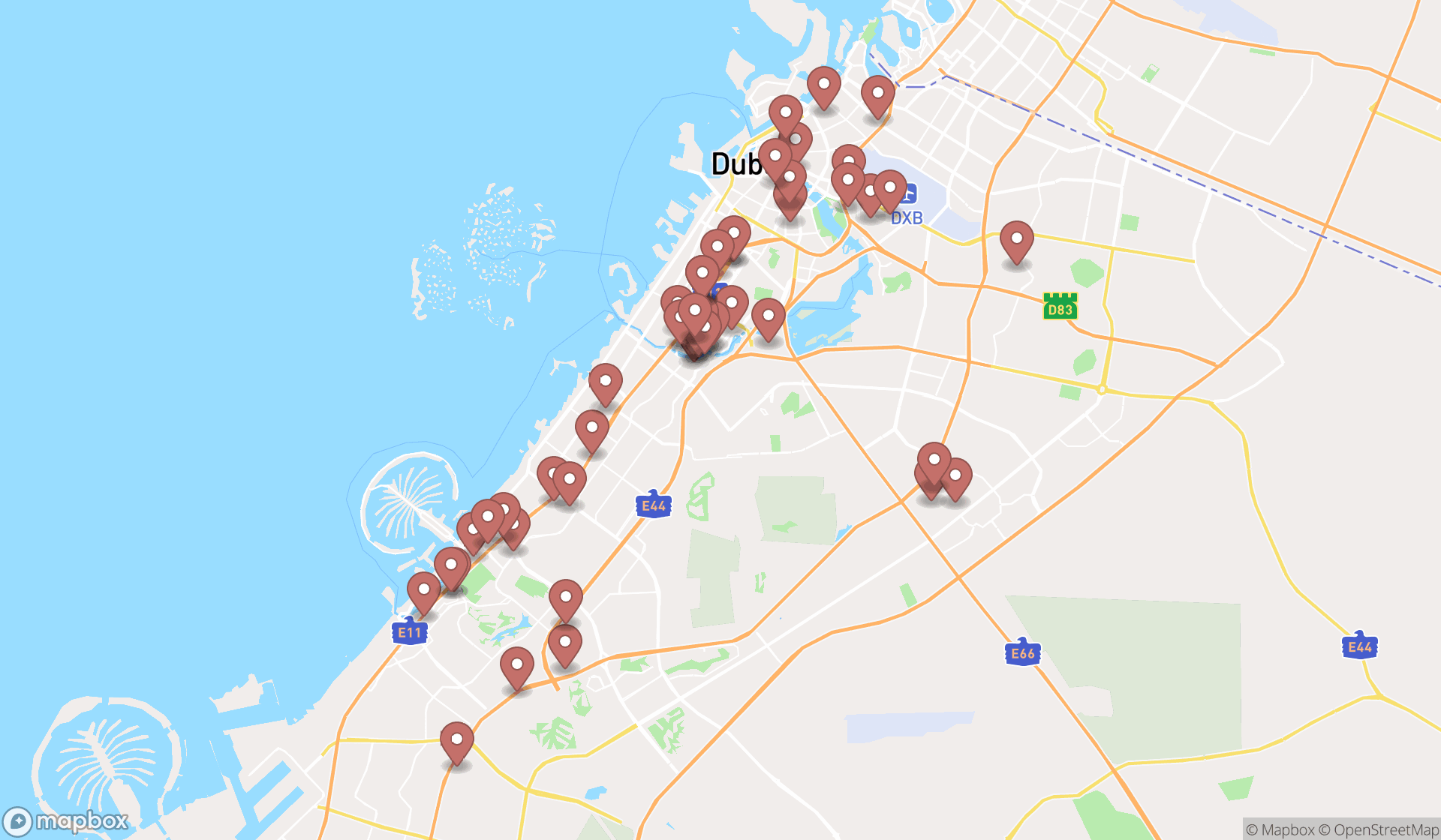 Map showing the search results in Dubai