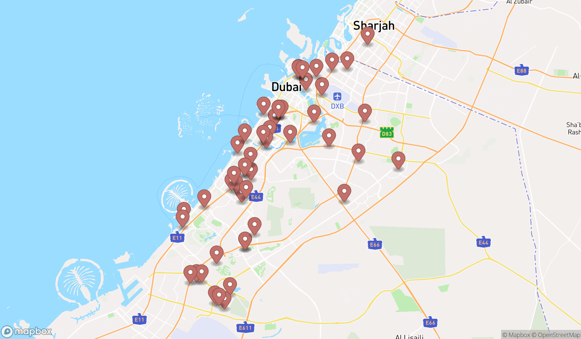 Map showing the search results in Dubai