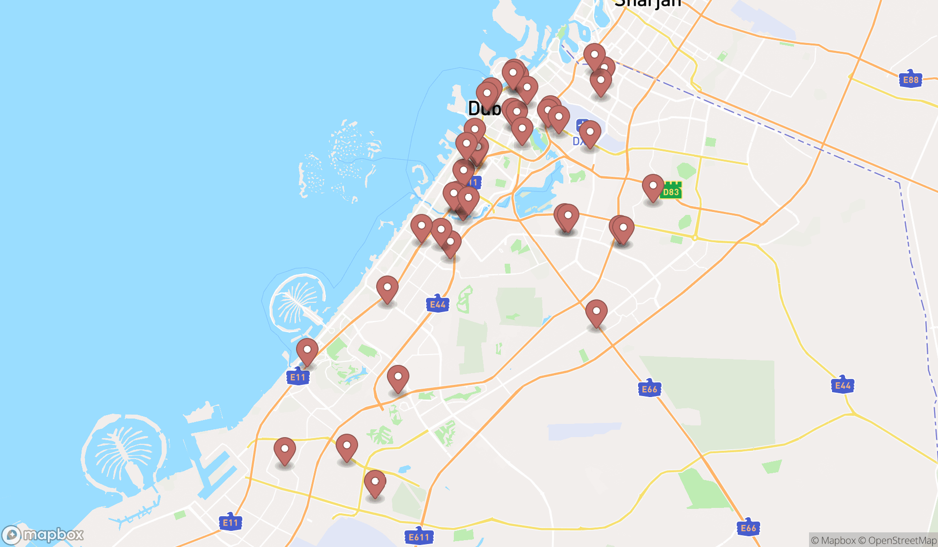 Map showing the search results in Dubai
