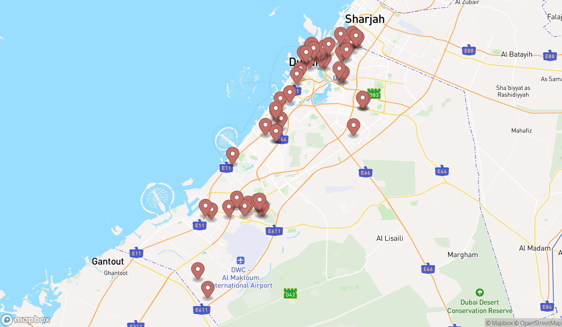 Map showing the search results in Dubai