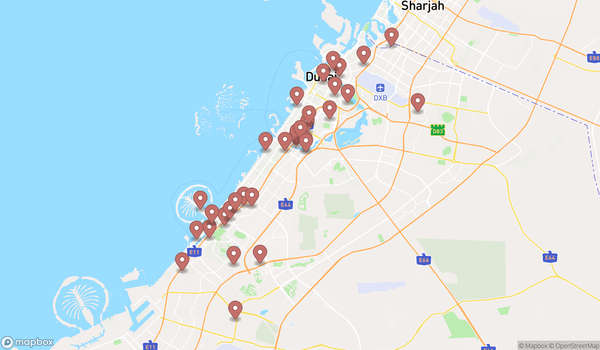 Map showing the search results in Dubai