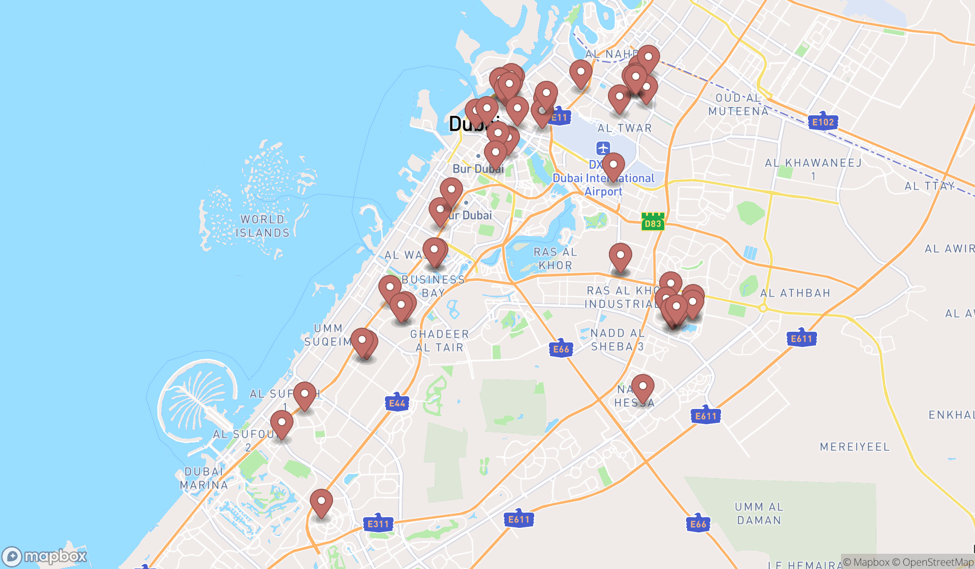 Map showing the search results in Dubai