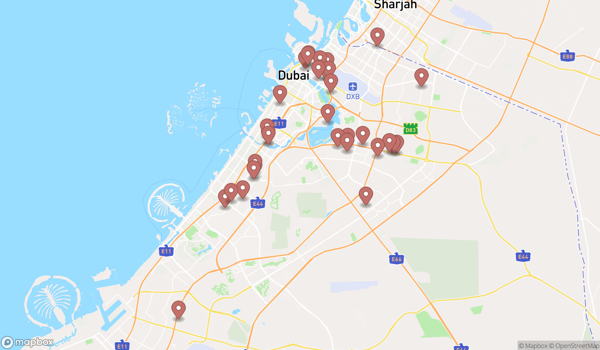 Map showing the search results in Dubai