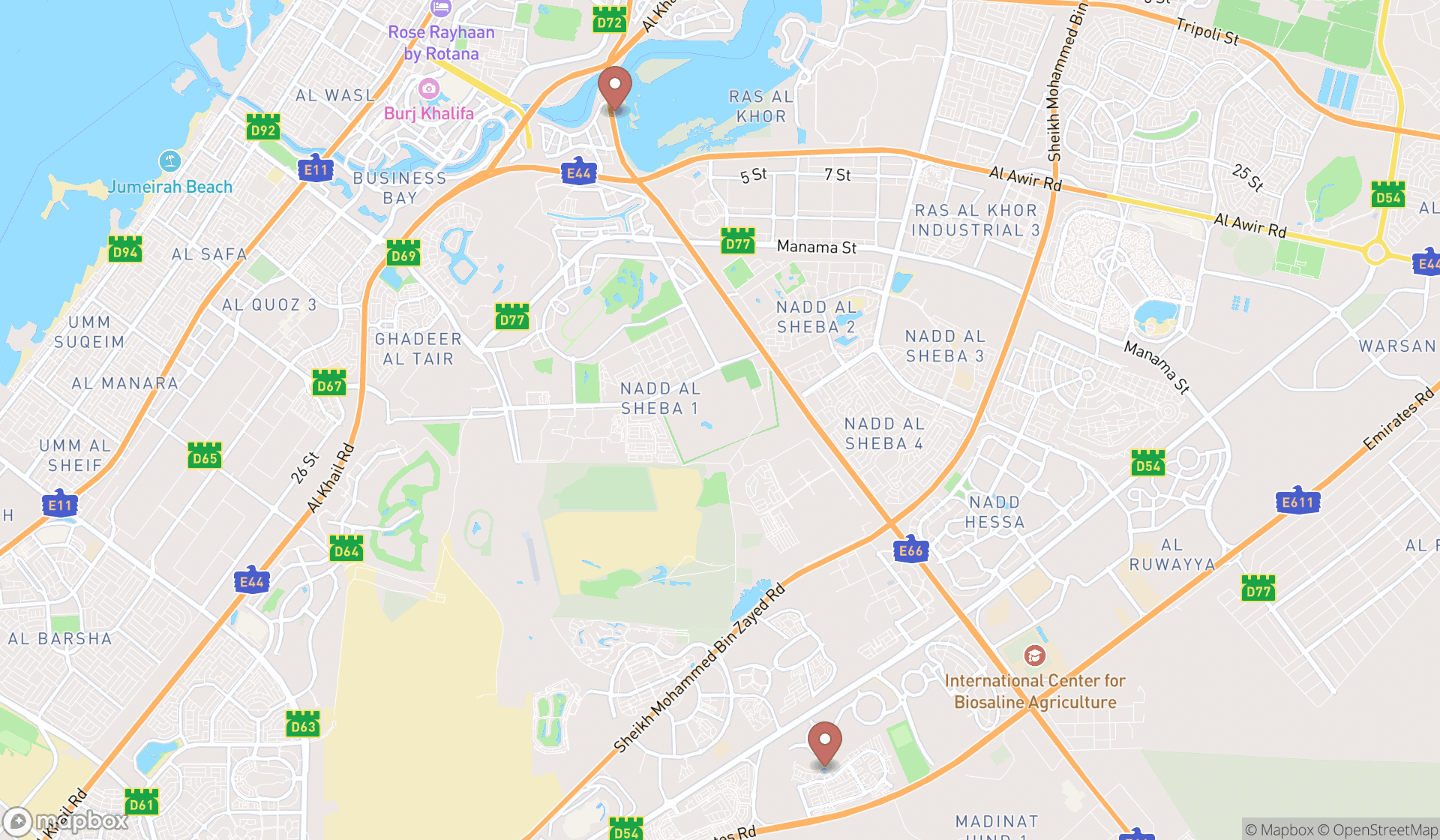 Map showing the search results in Dubai