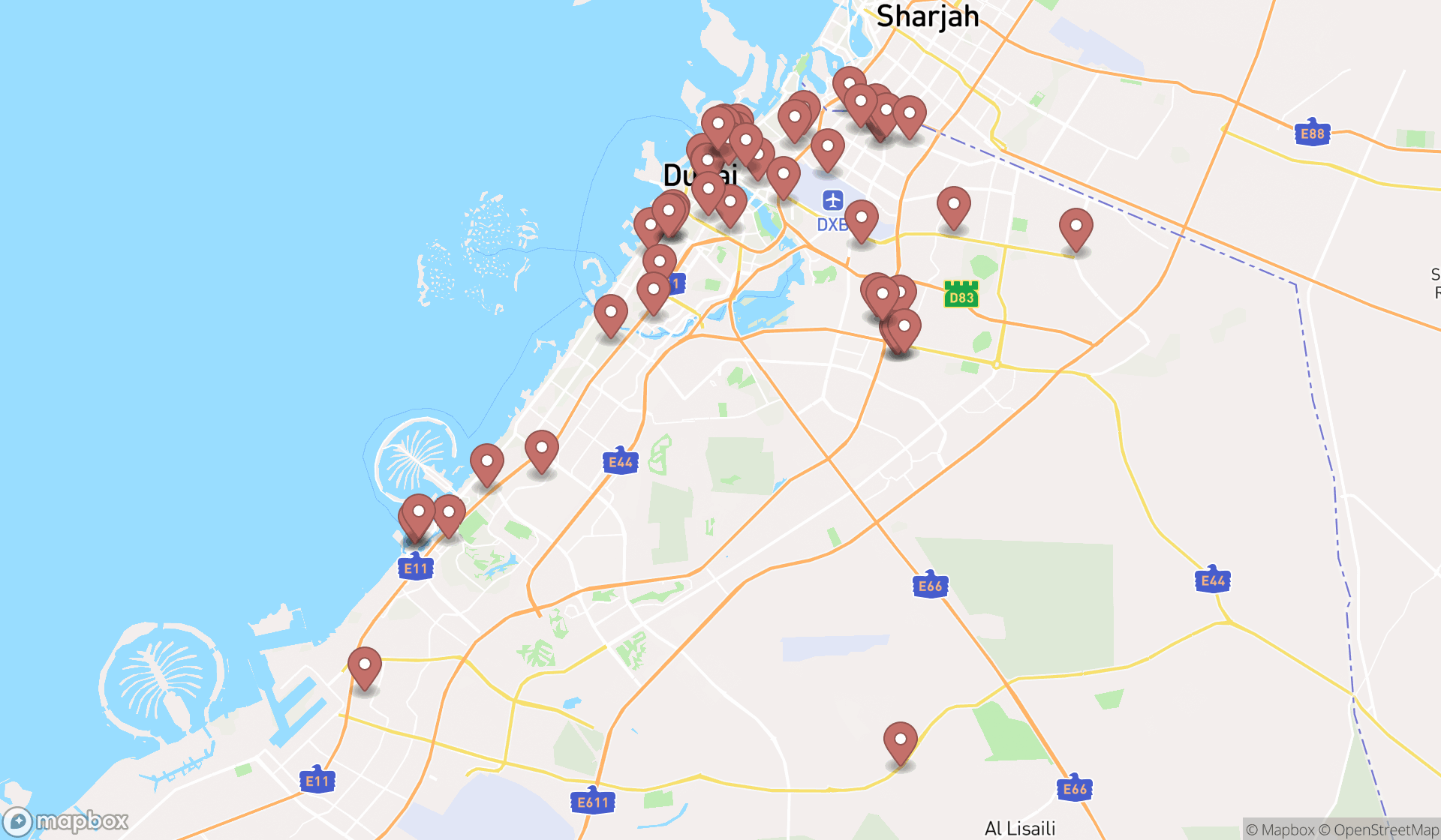 Map showing the search results in Dubai