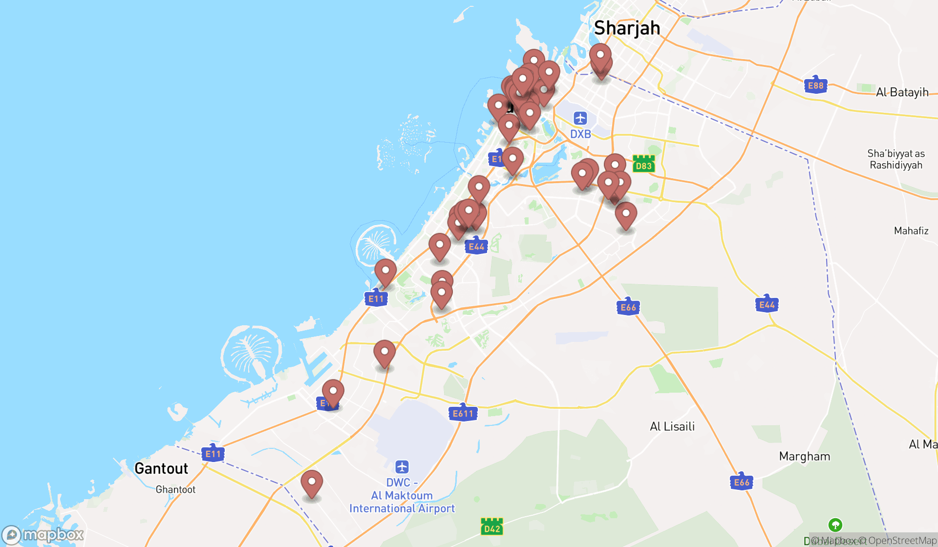 Map showing the search results in Dubai