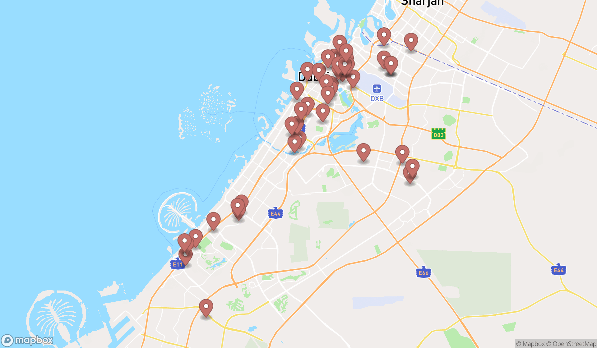Map showing the search results in Dubai