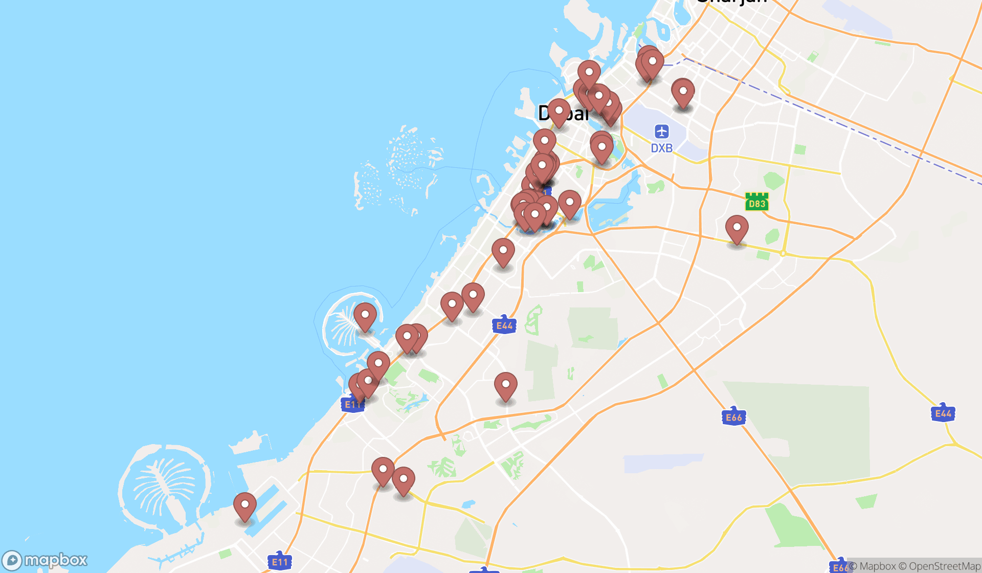 Map showing the search results in Dubai