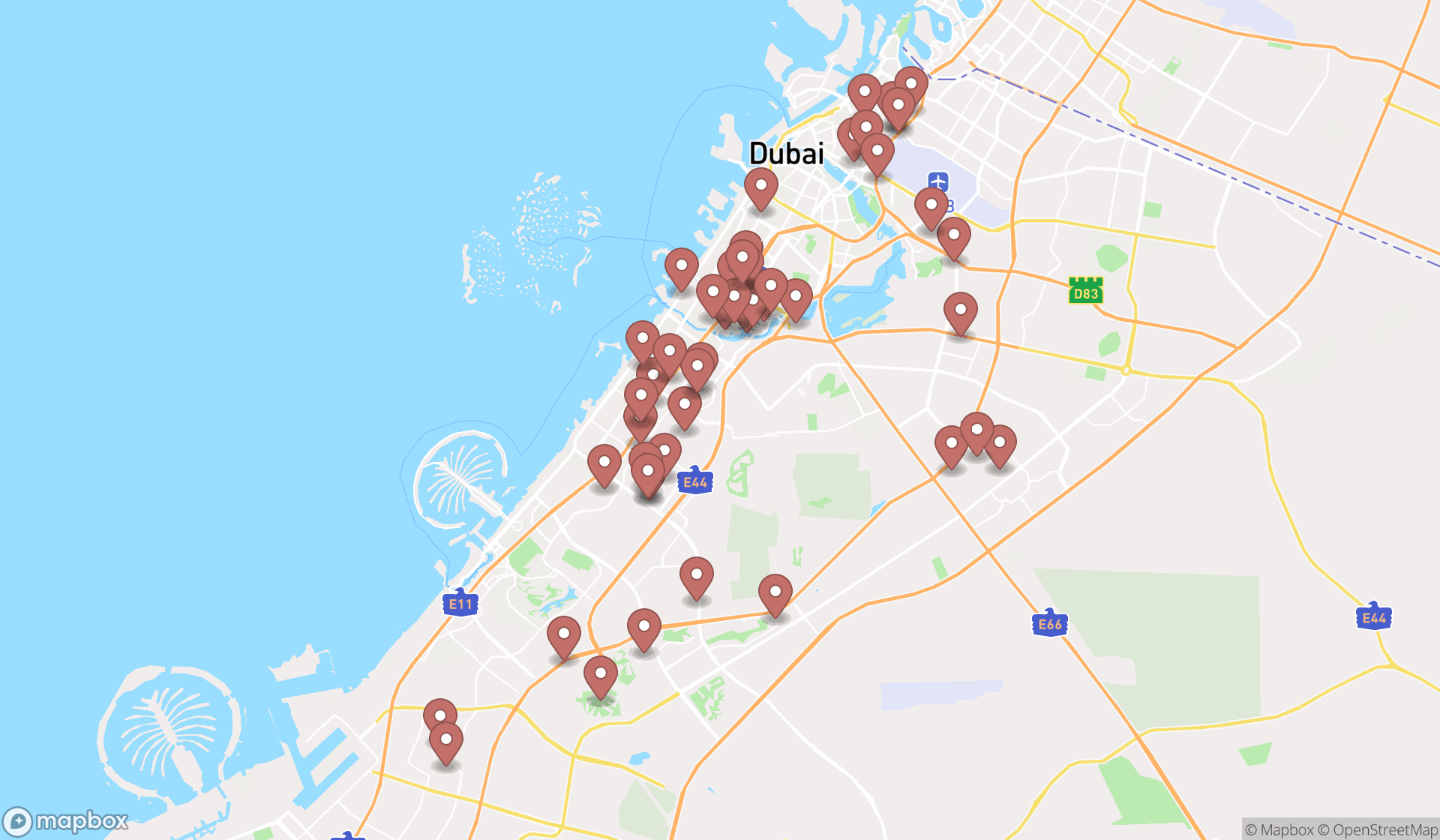 Map showing the search results in Dubai