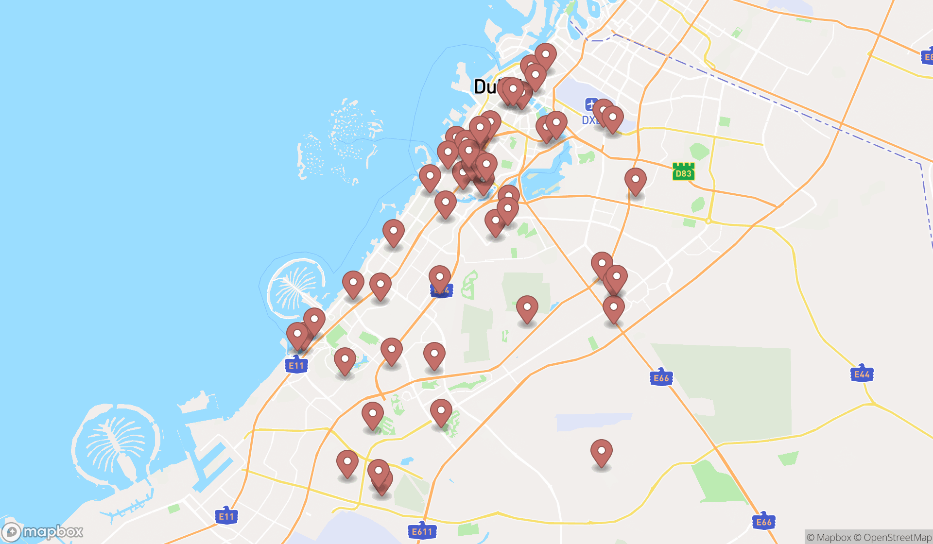 Map showing the search results in Dubai