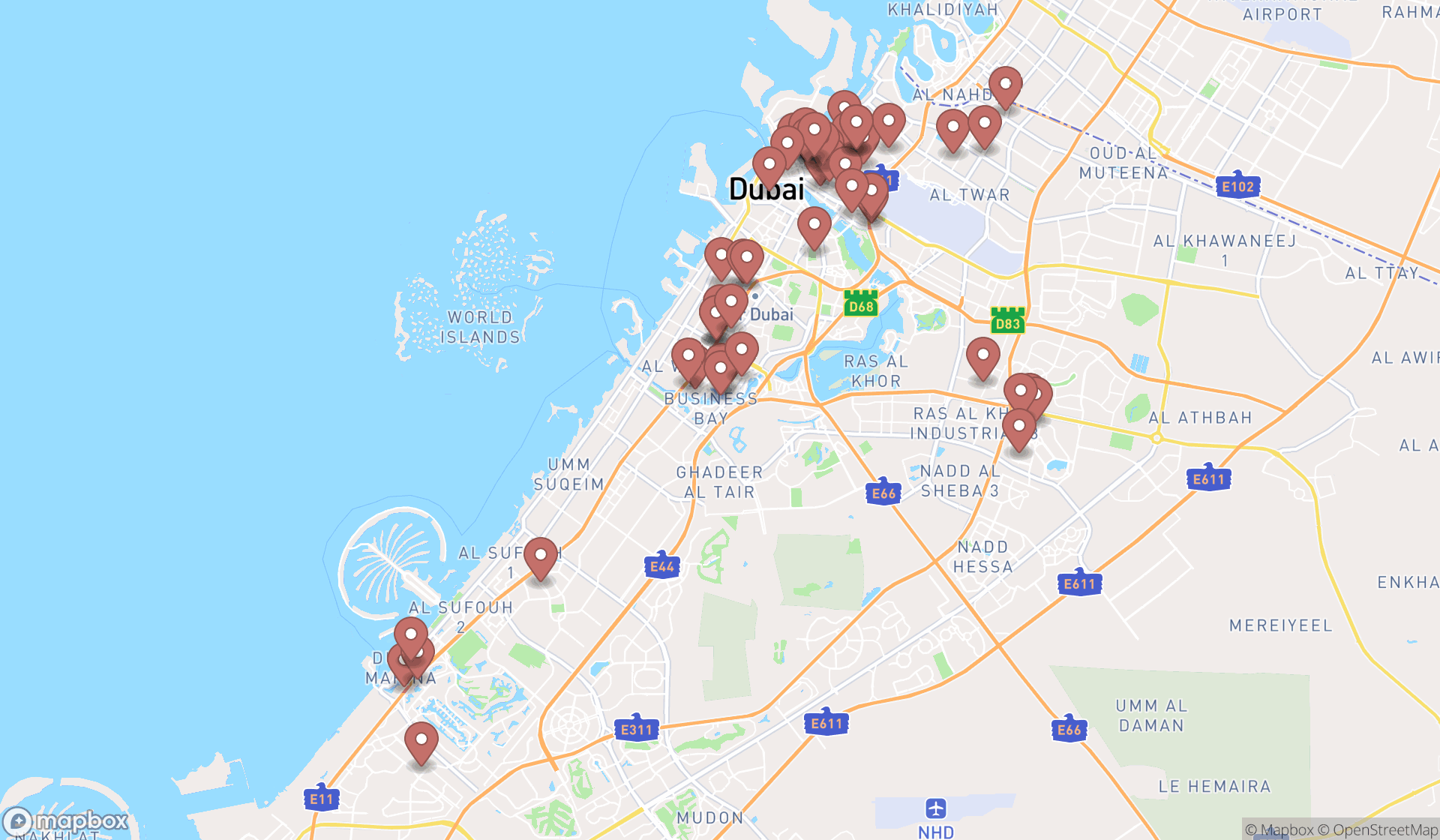 Map showing the search results in Dubai