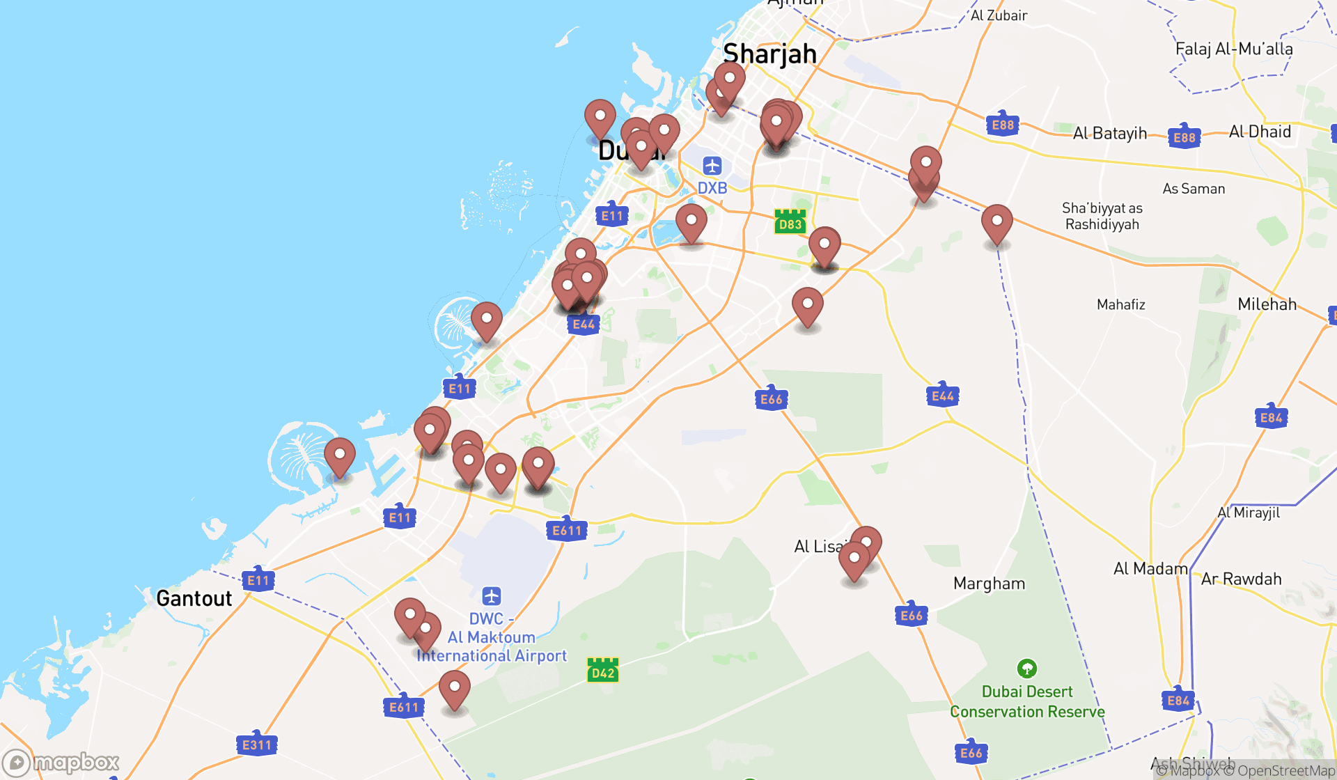 Map showing the search results in Dubai