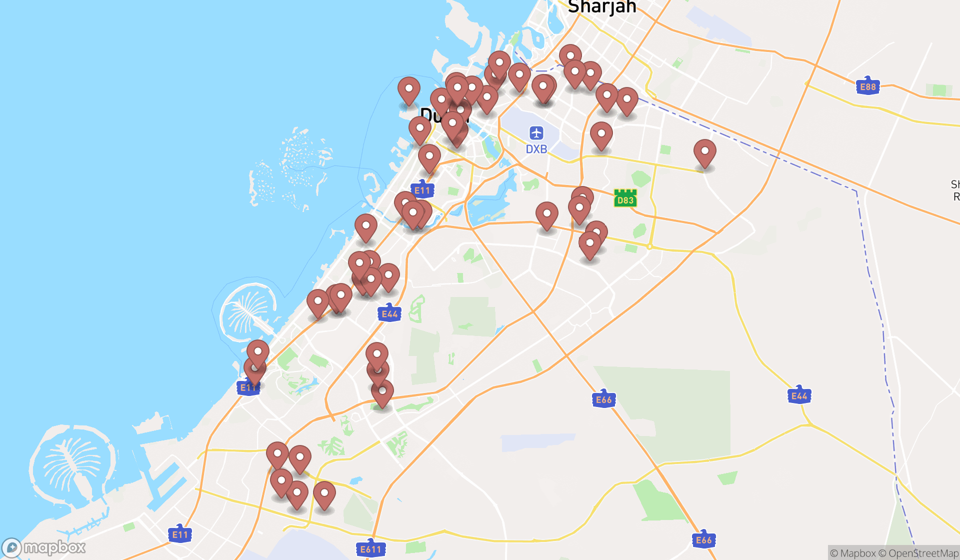 Map showing the search results in Dubai