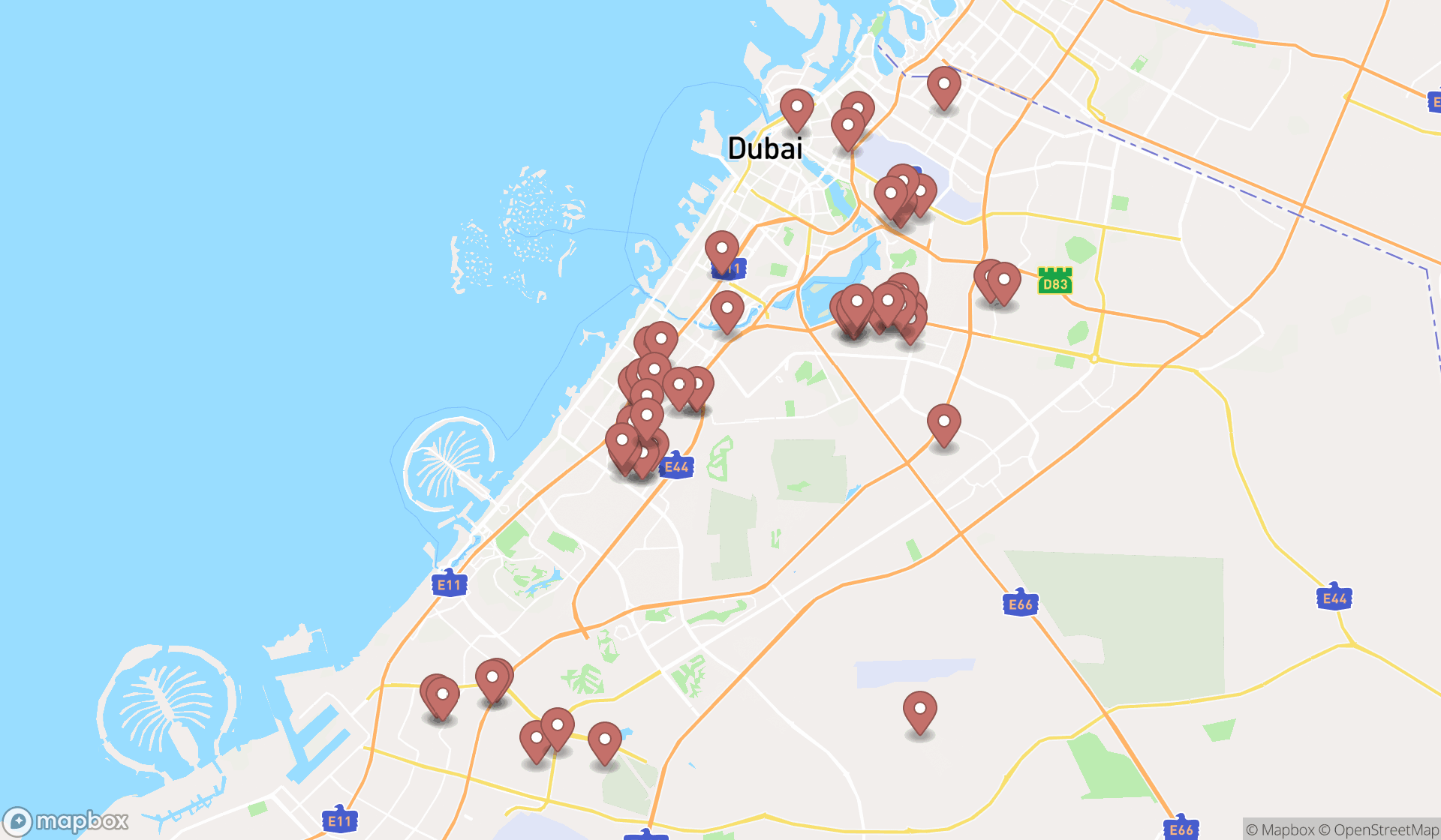 Map showing the search results in Dubai