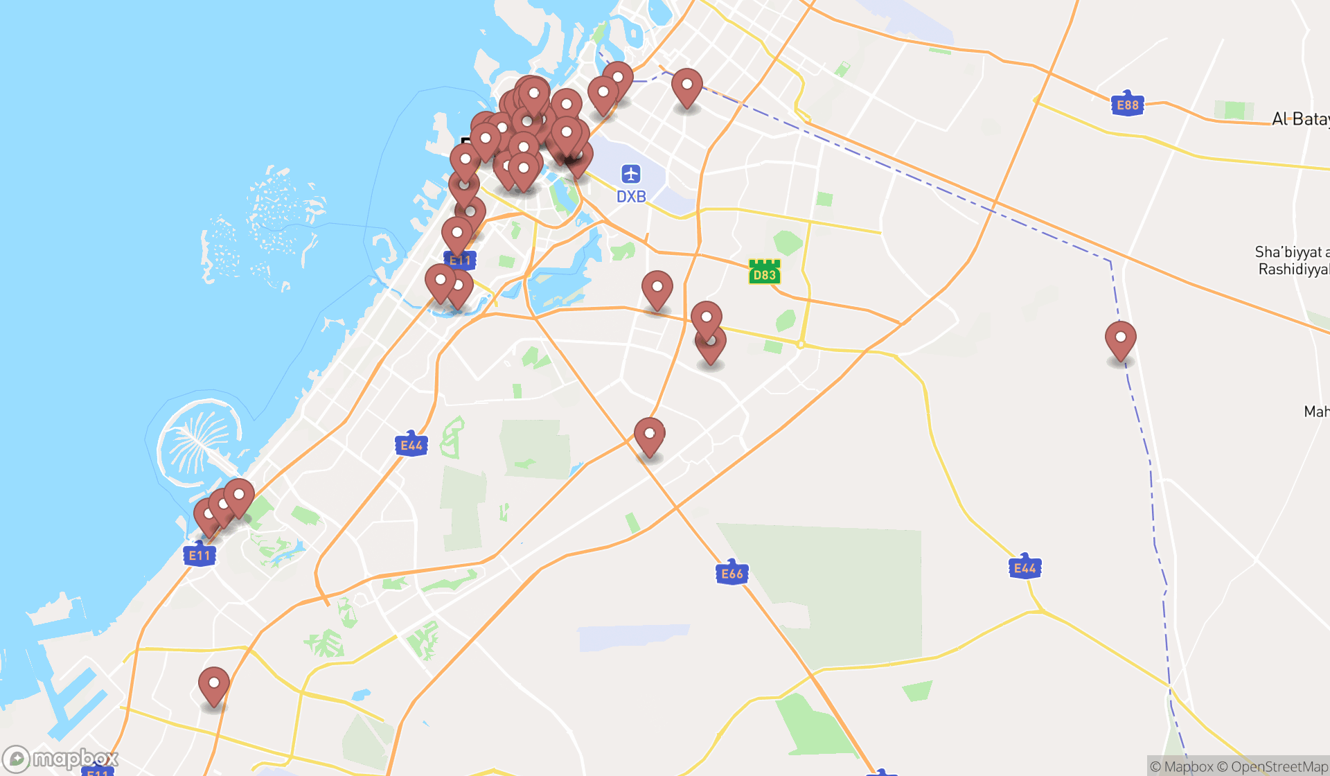 Map showing the search results in Dubai