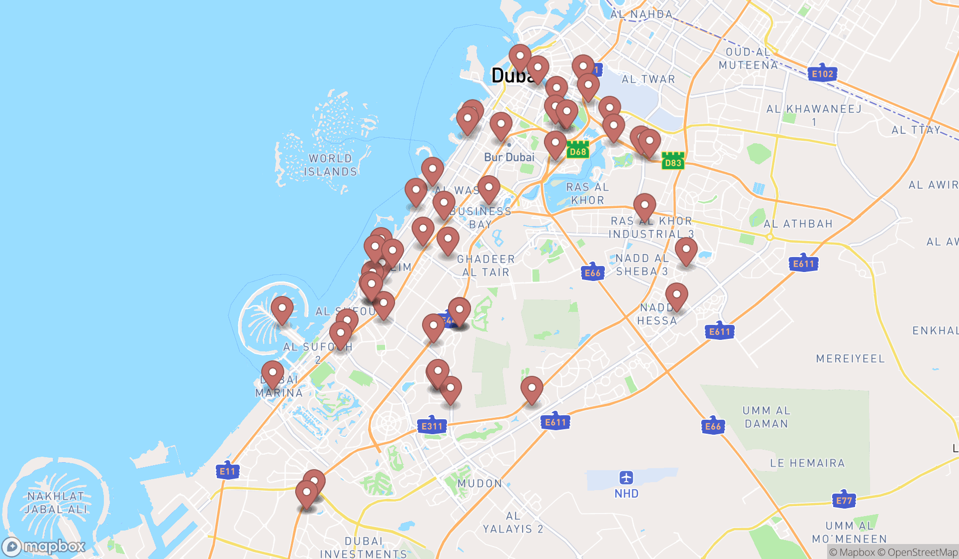 Map showing the search results in Dubai