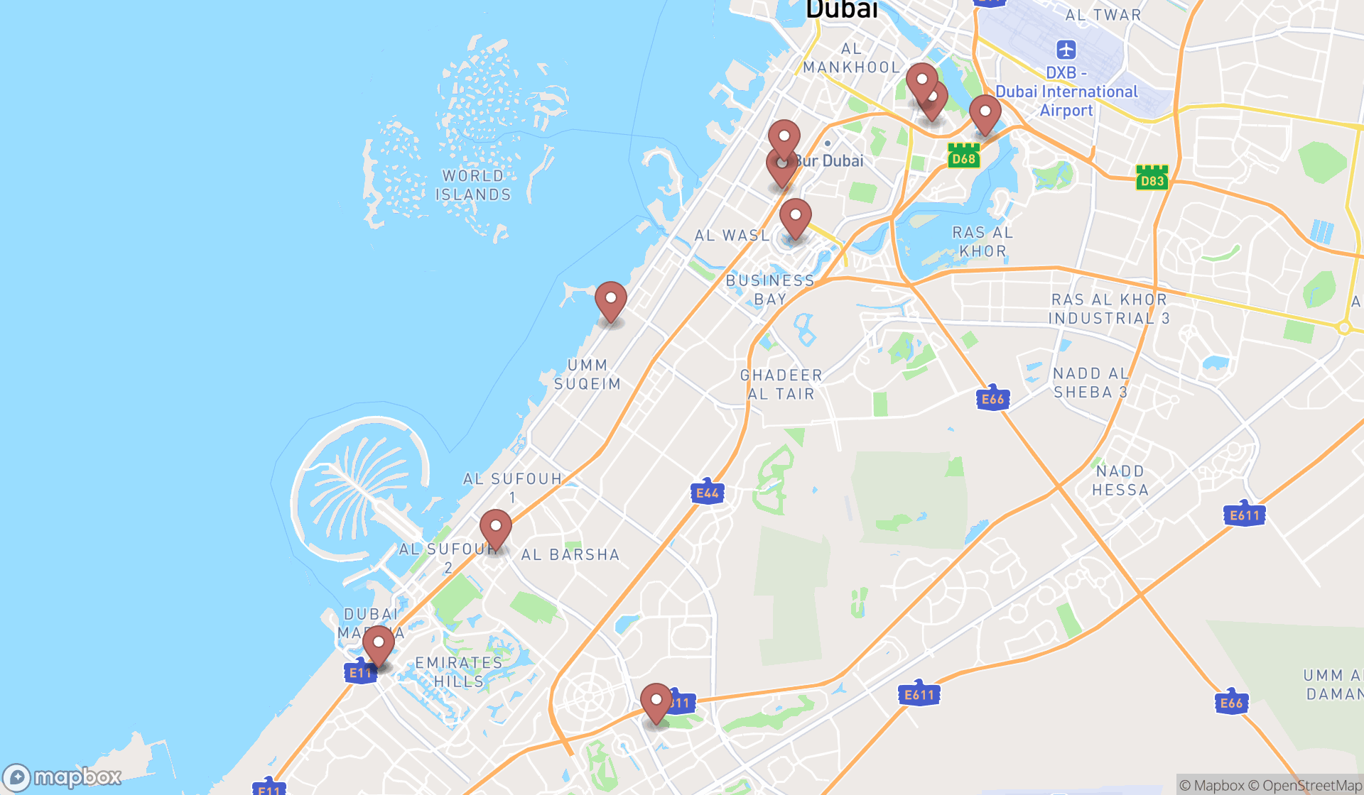 Map showing the search results in Dubai