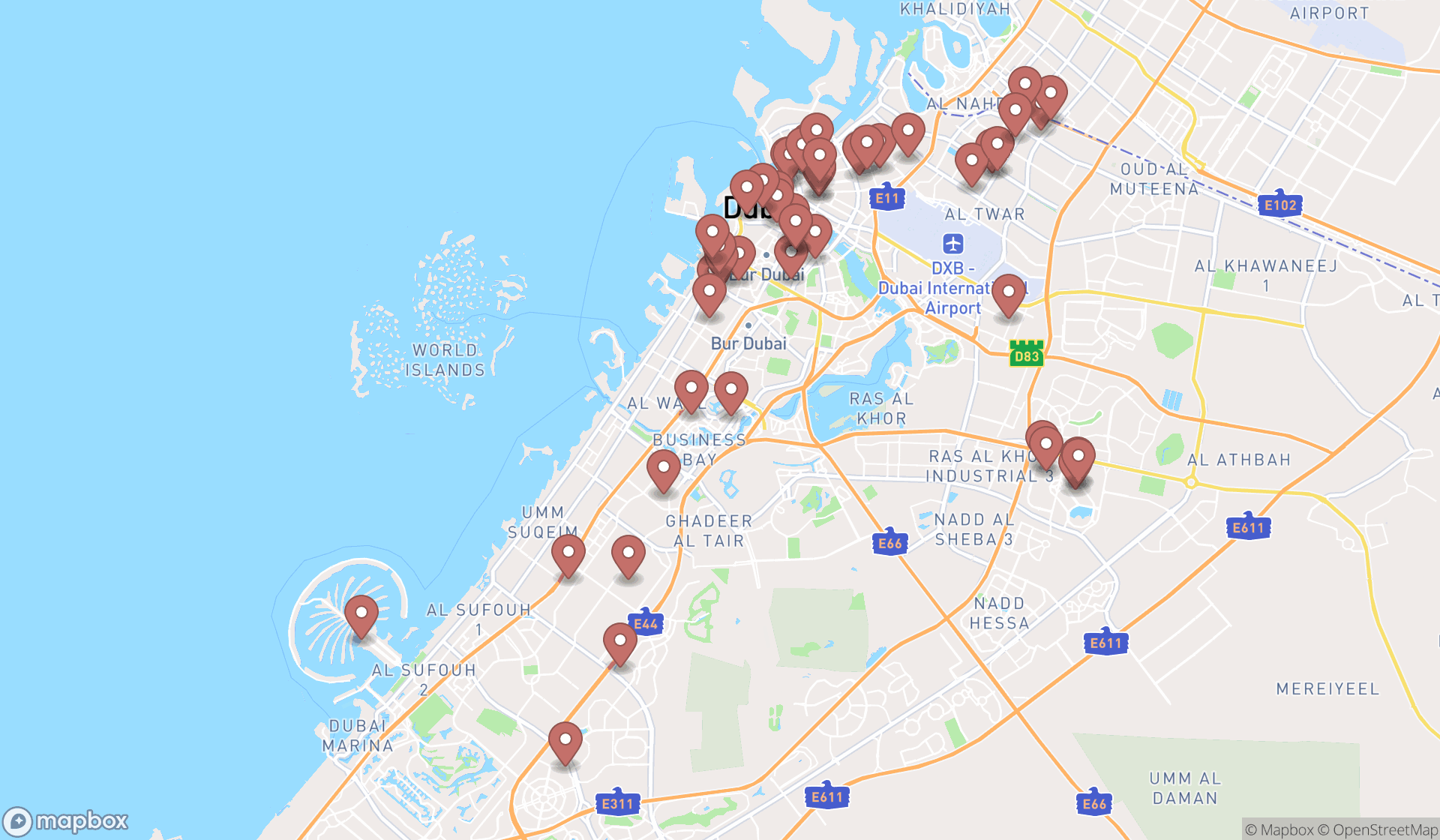 Map showing the search results in Dubai