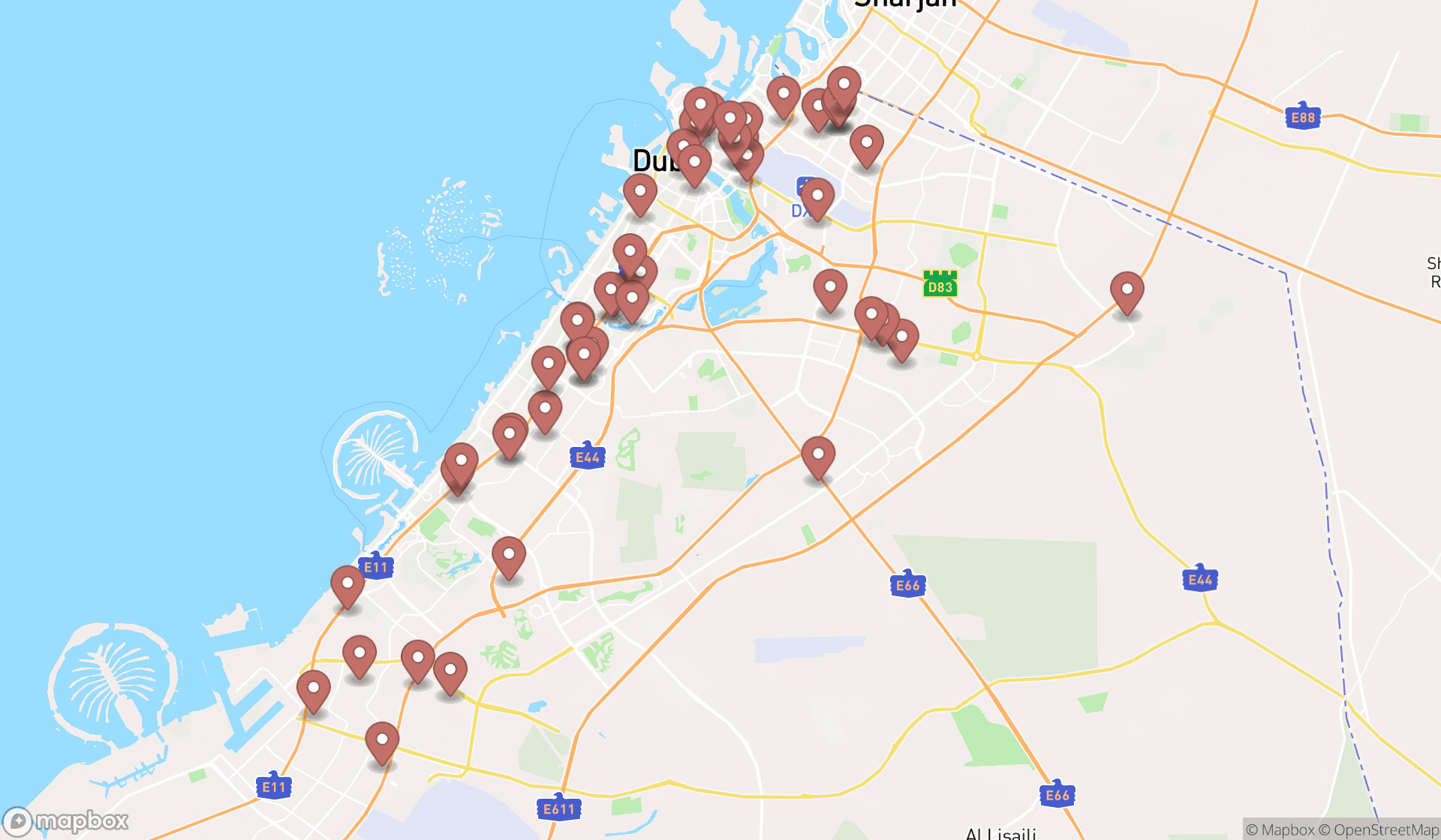 Map showing the search results in Dubai