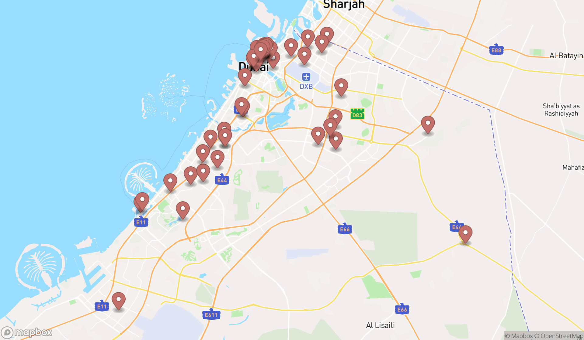 Map showing the search results in Dubai