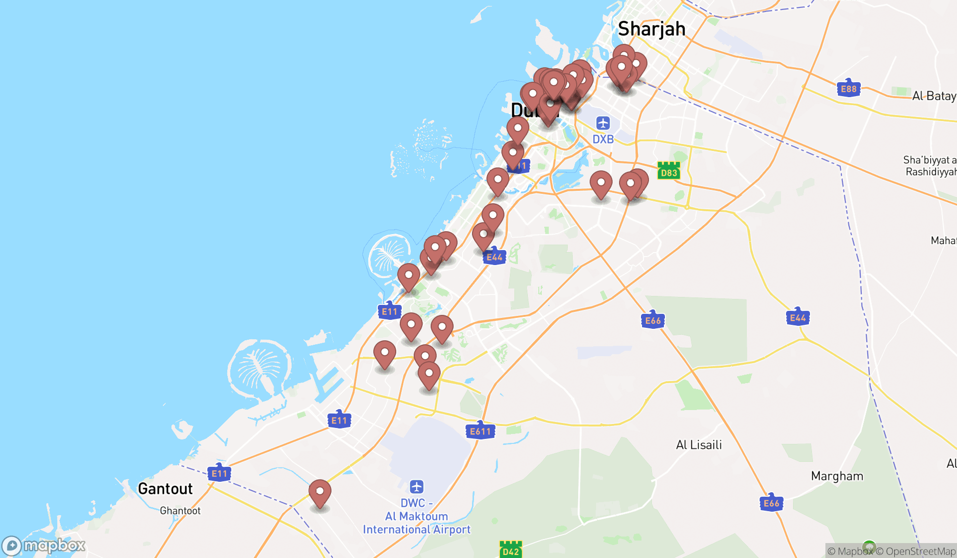 Map showing the search results in Dubai