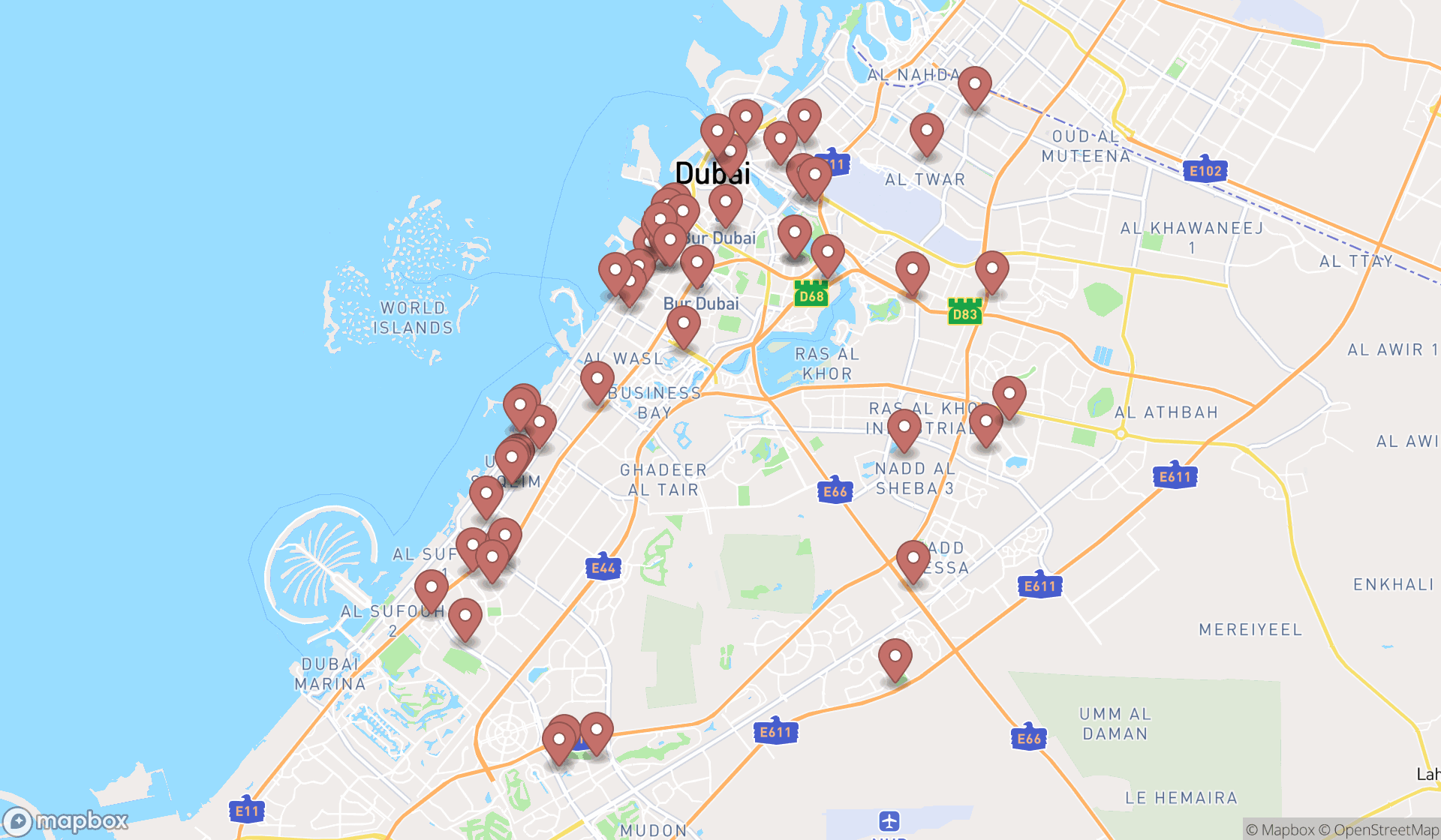 Map showing the search results in Dubai