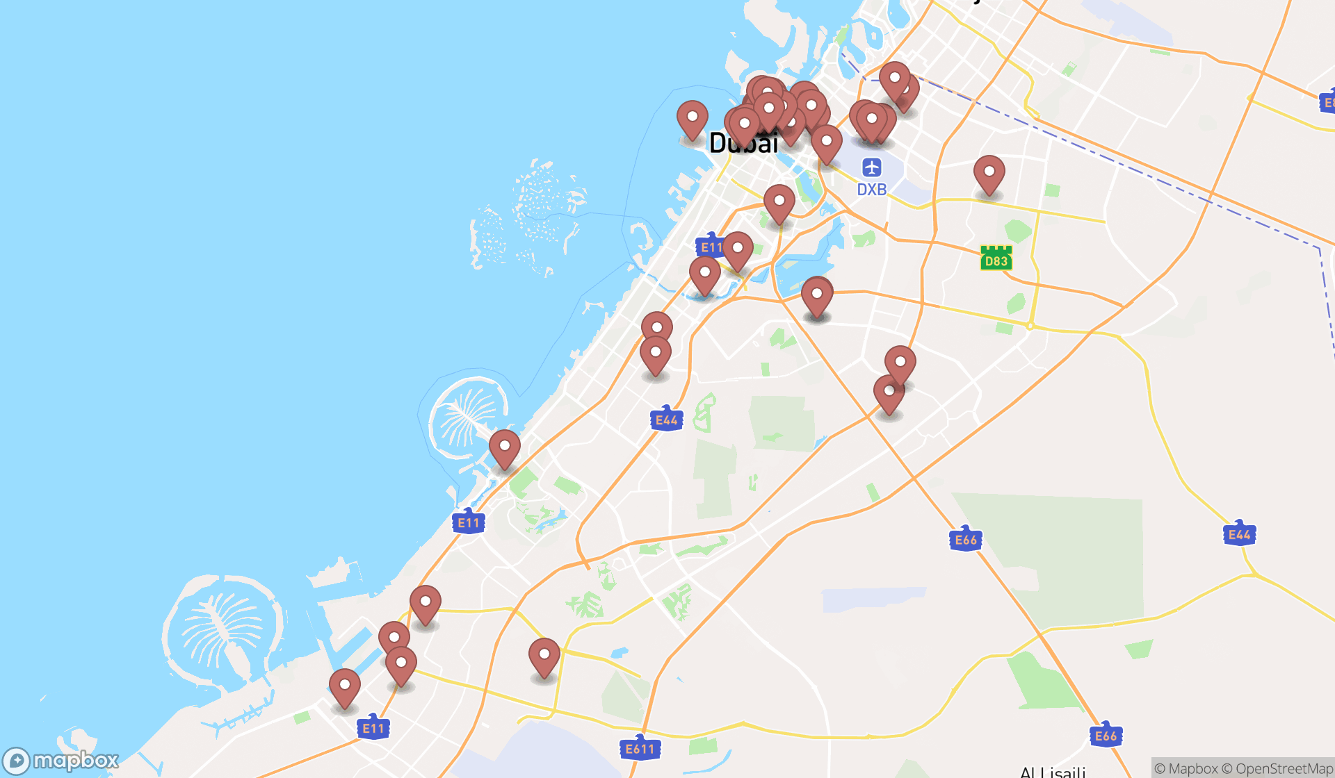 Map showing the search results in Dubai