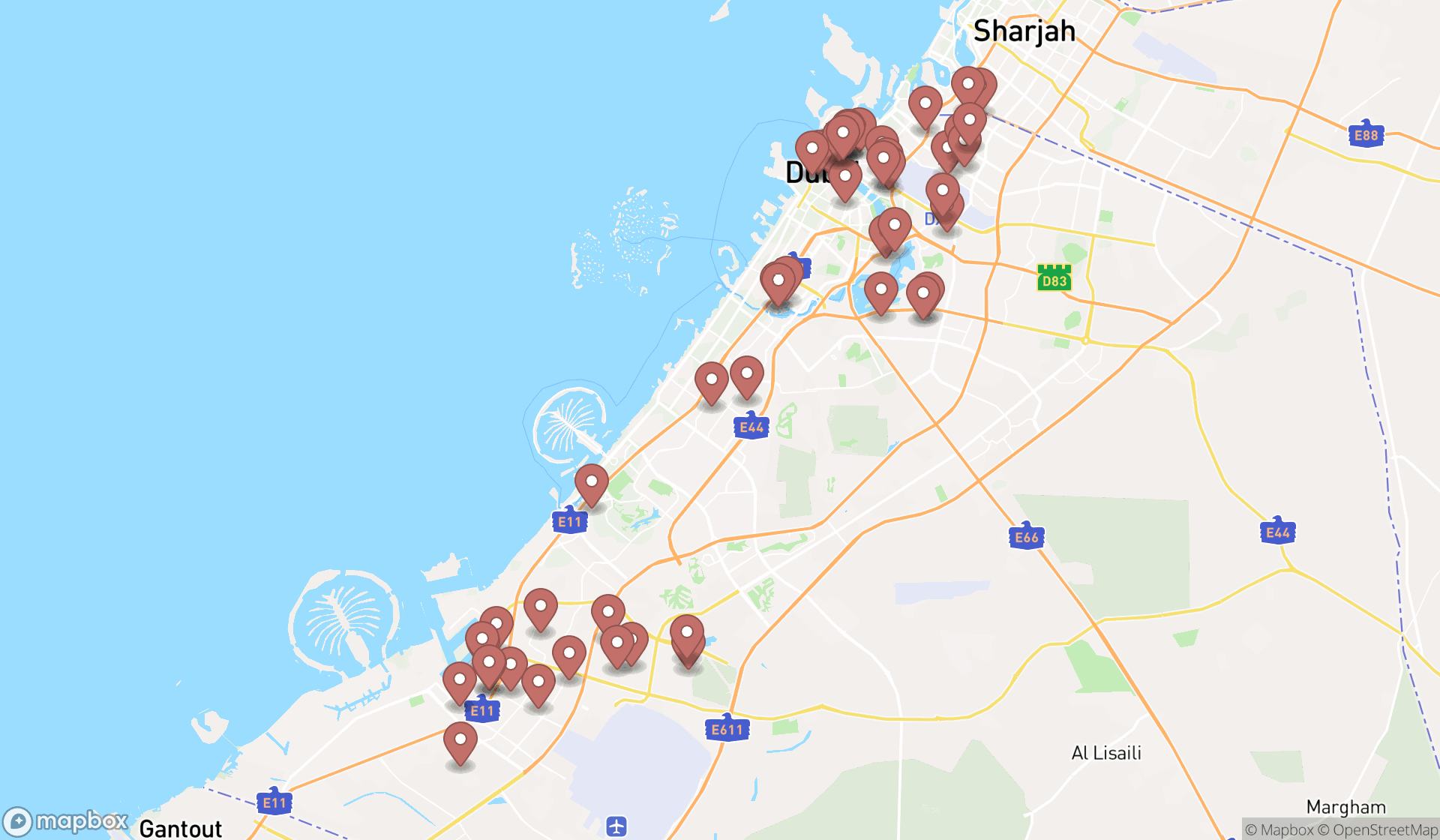 Map showing the search results in Dubai