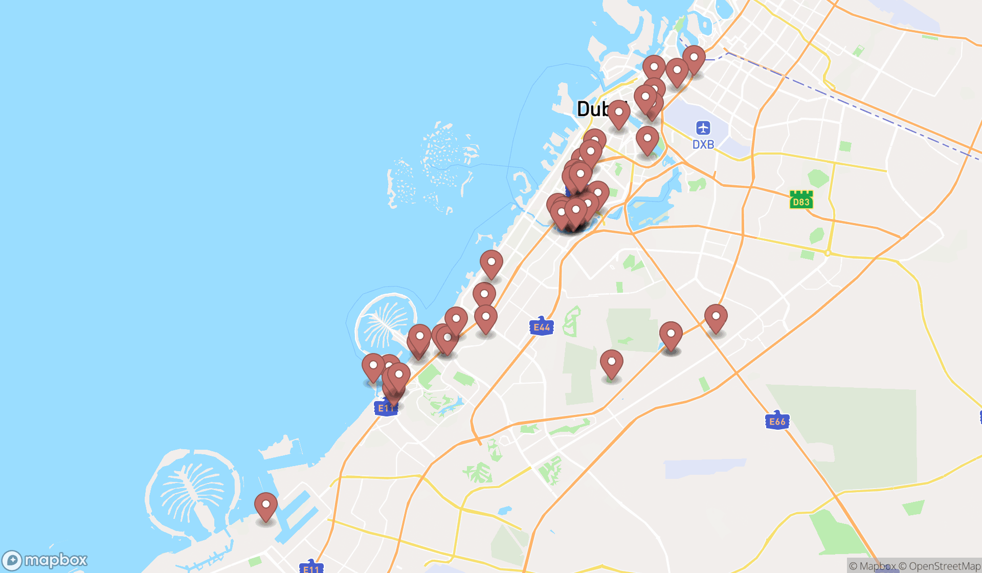 Map showing the search results in Dubai