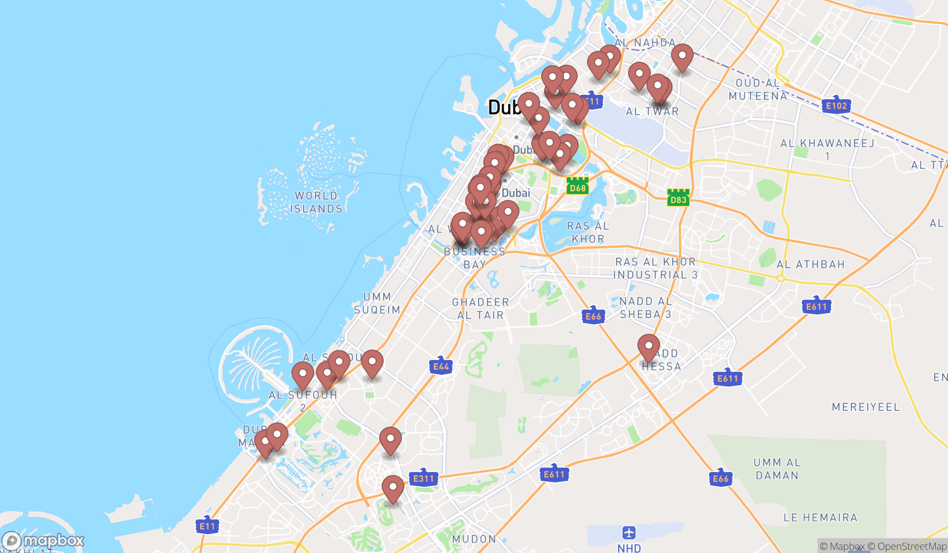 Map showing the search results in Dubai