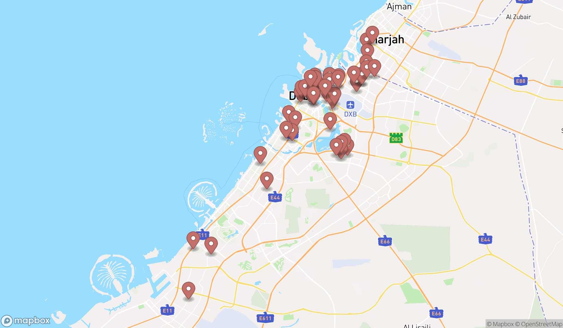 Map showing the search results in Dubai