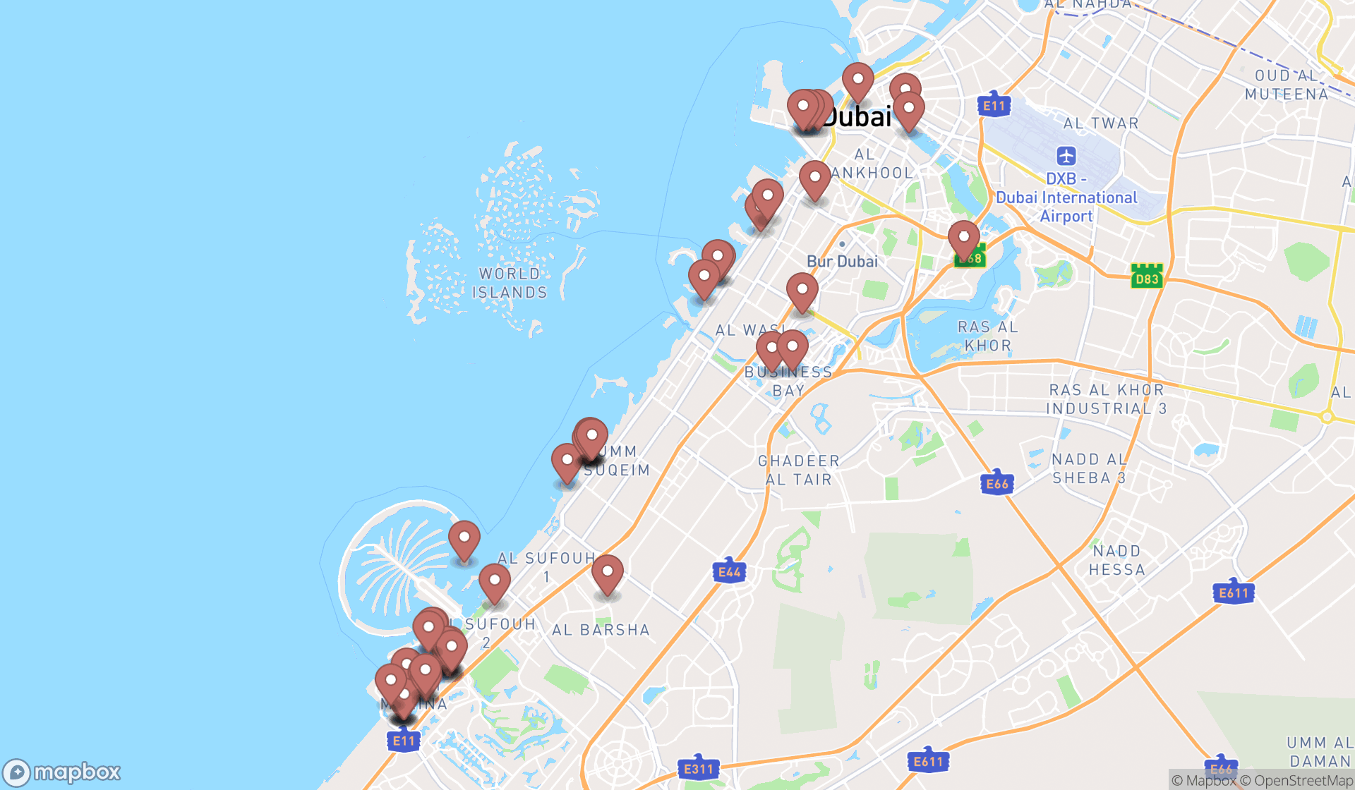 Map showing the search results in Dubai