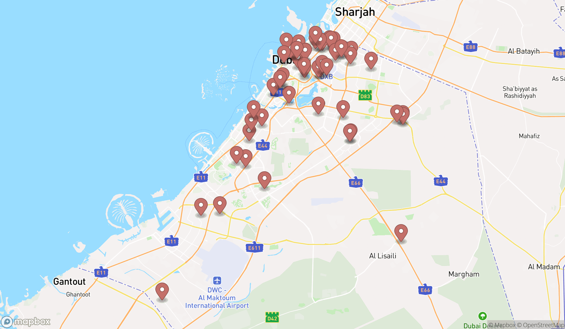 Map showing the search results in Dubai