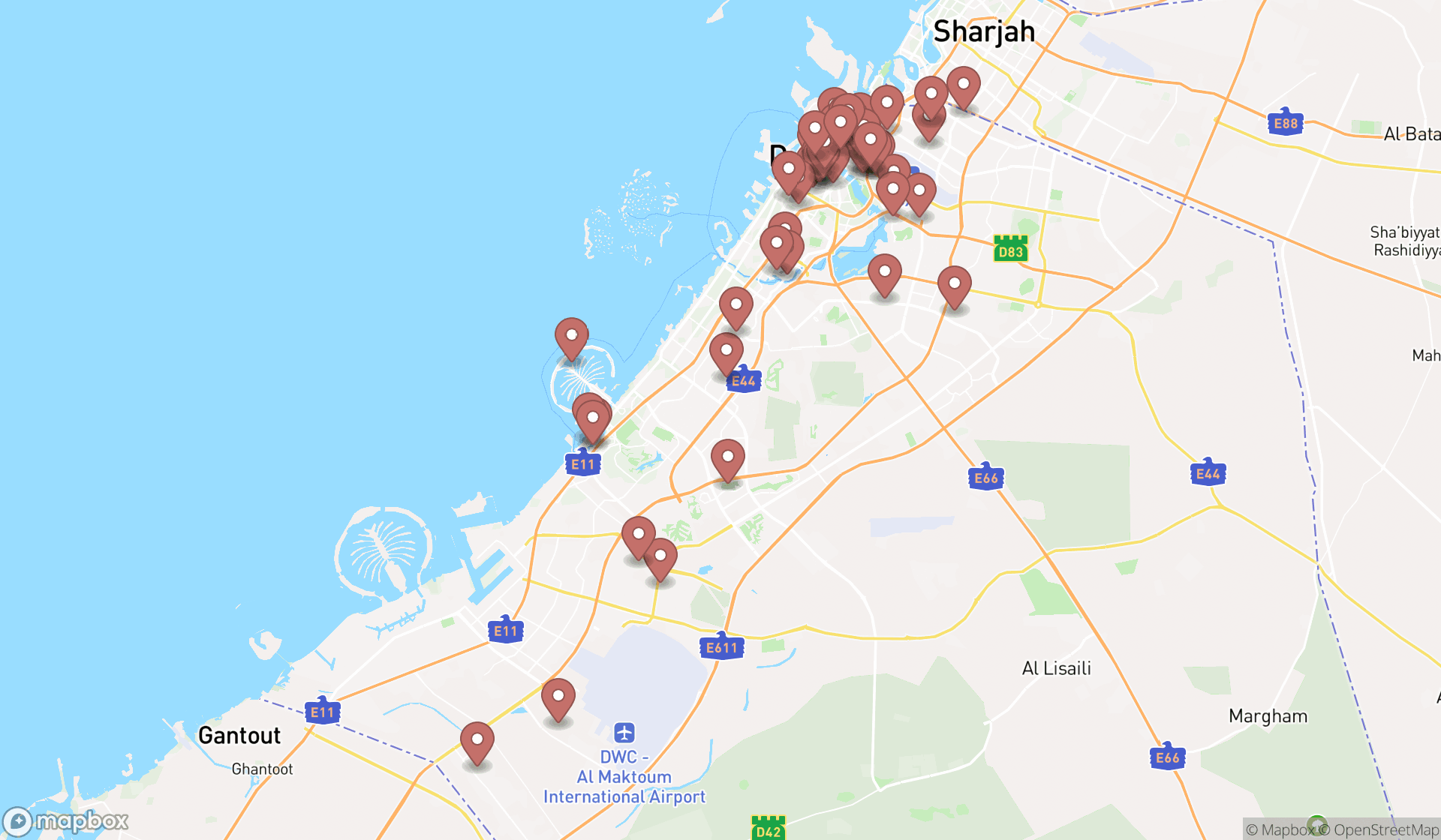Map showing the search results in Dubai