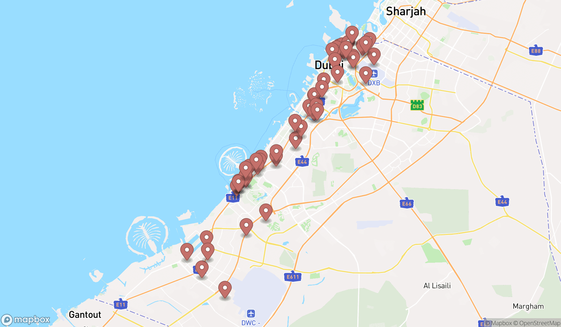 Map showing the search results in Dubai