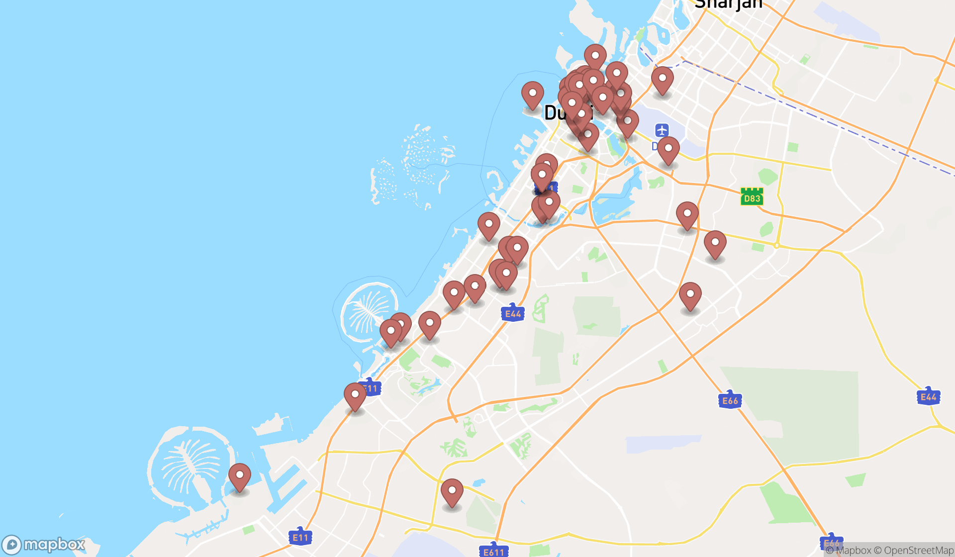 Map showing the search results in Dubai