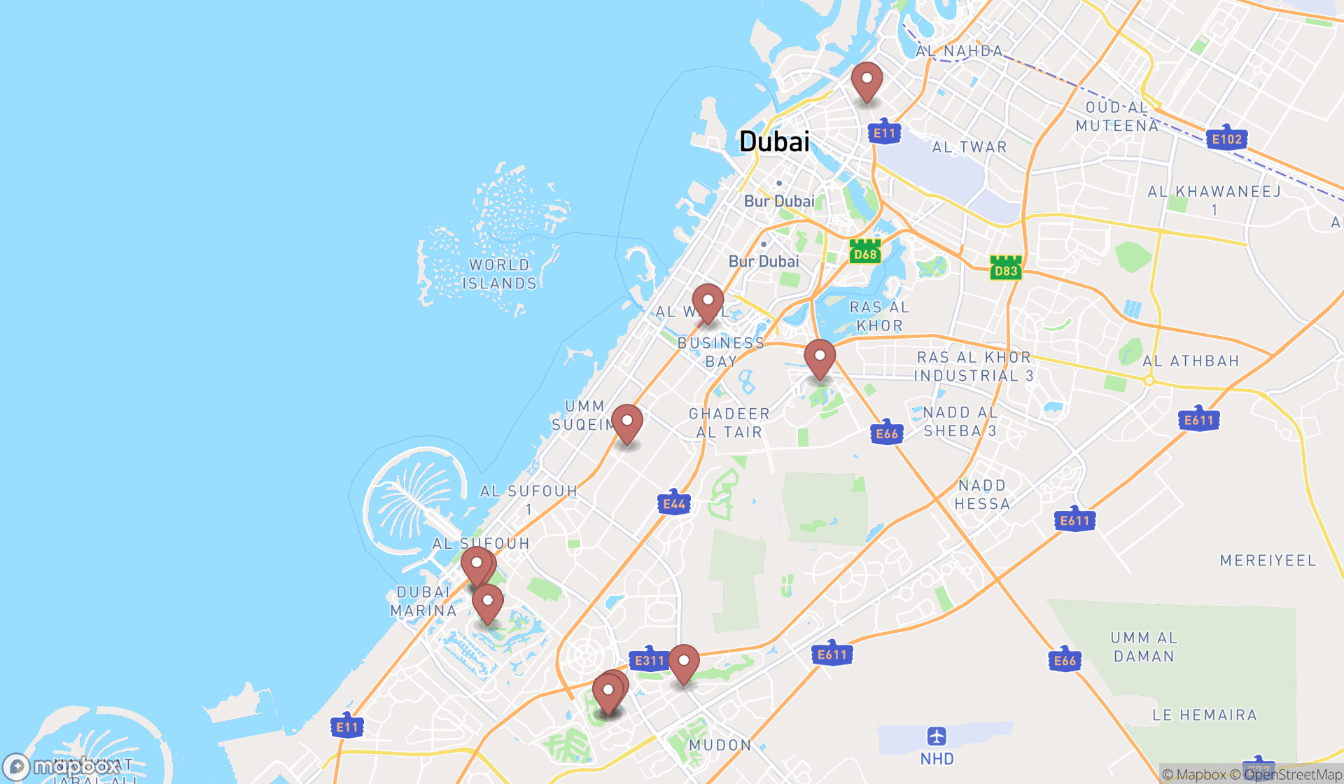 Map showing the search results in Dubai