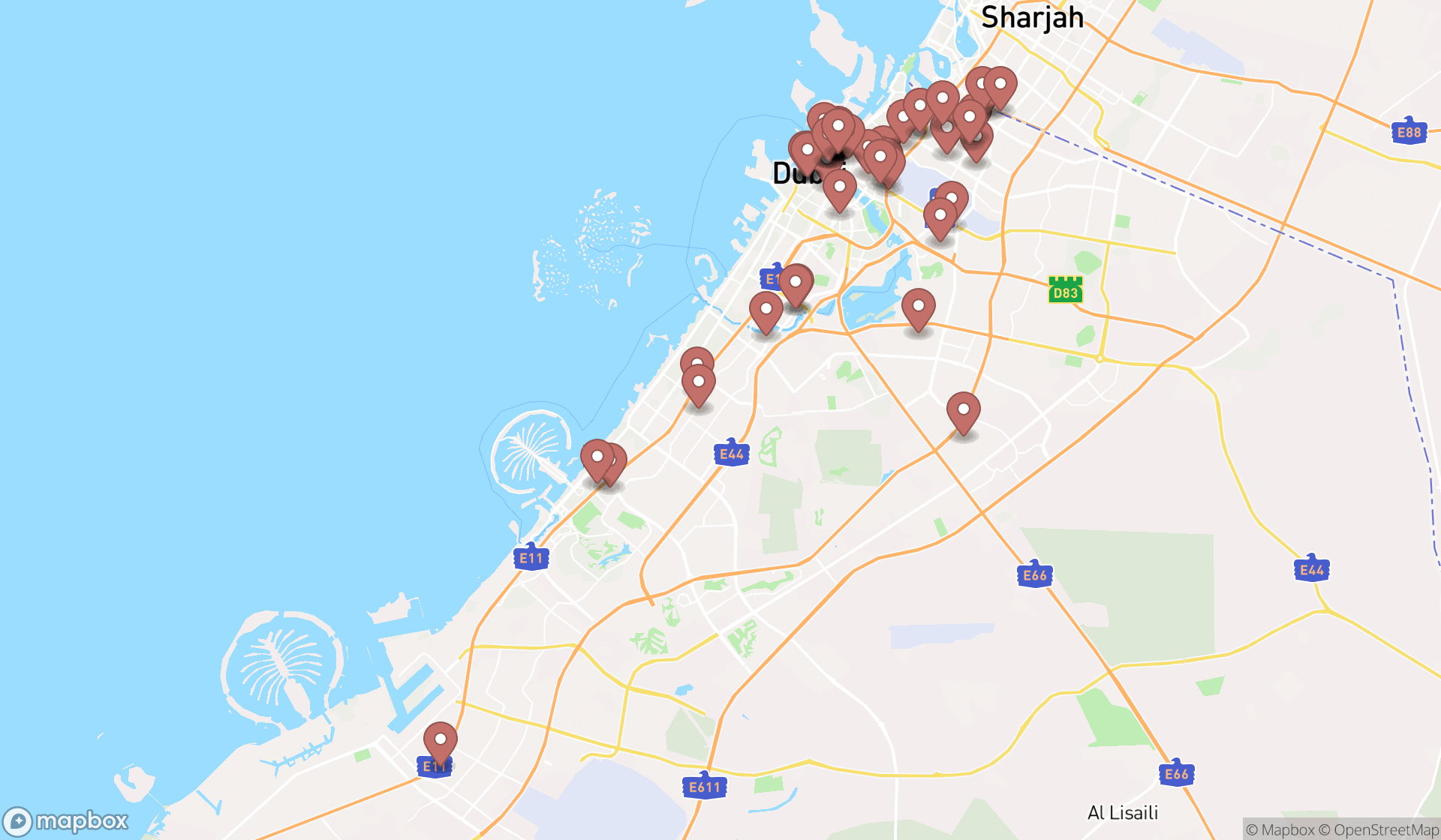 Map showing the search results in Dubai