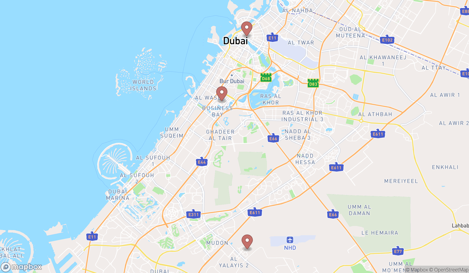 Map showing the search results in Dubai