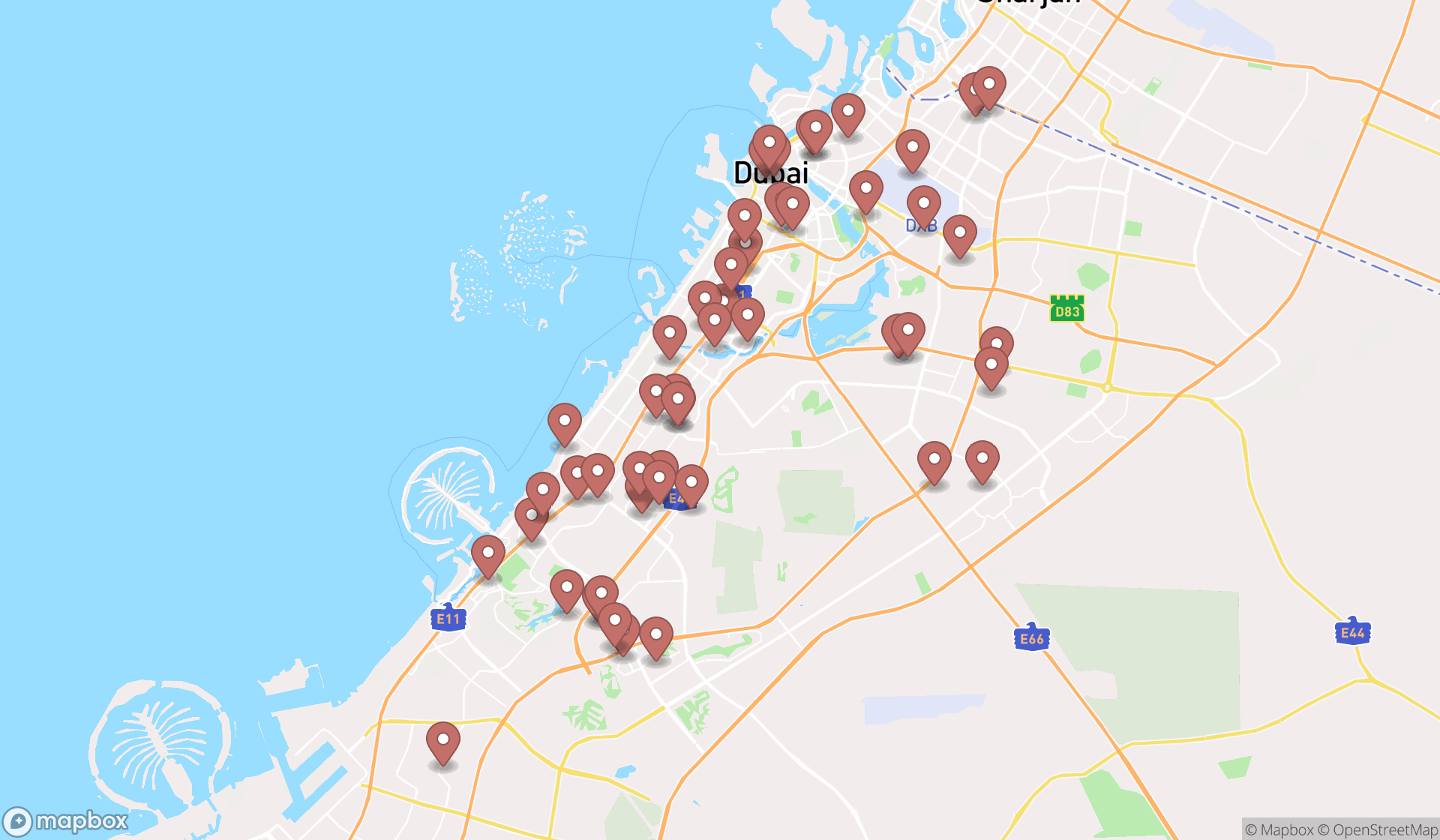 Map showing the search results in Dubai