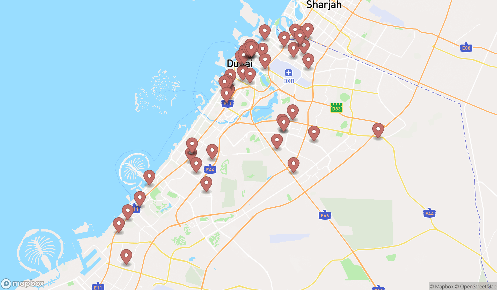 Map showing the search results in Dubai
