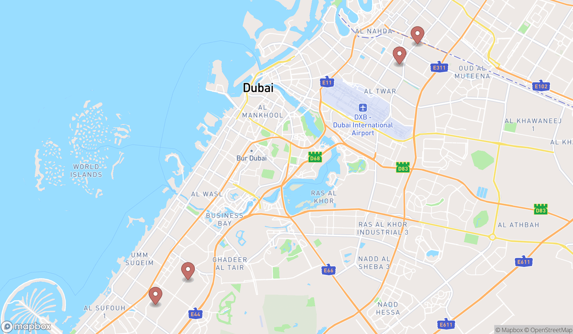 Map showing the search results in Dubai