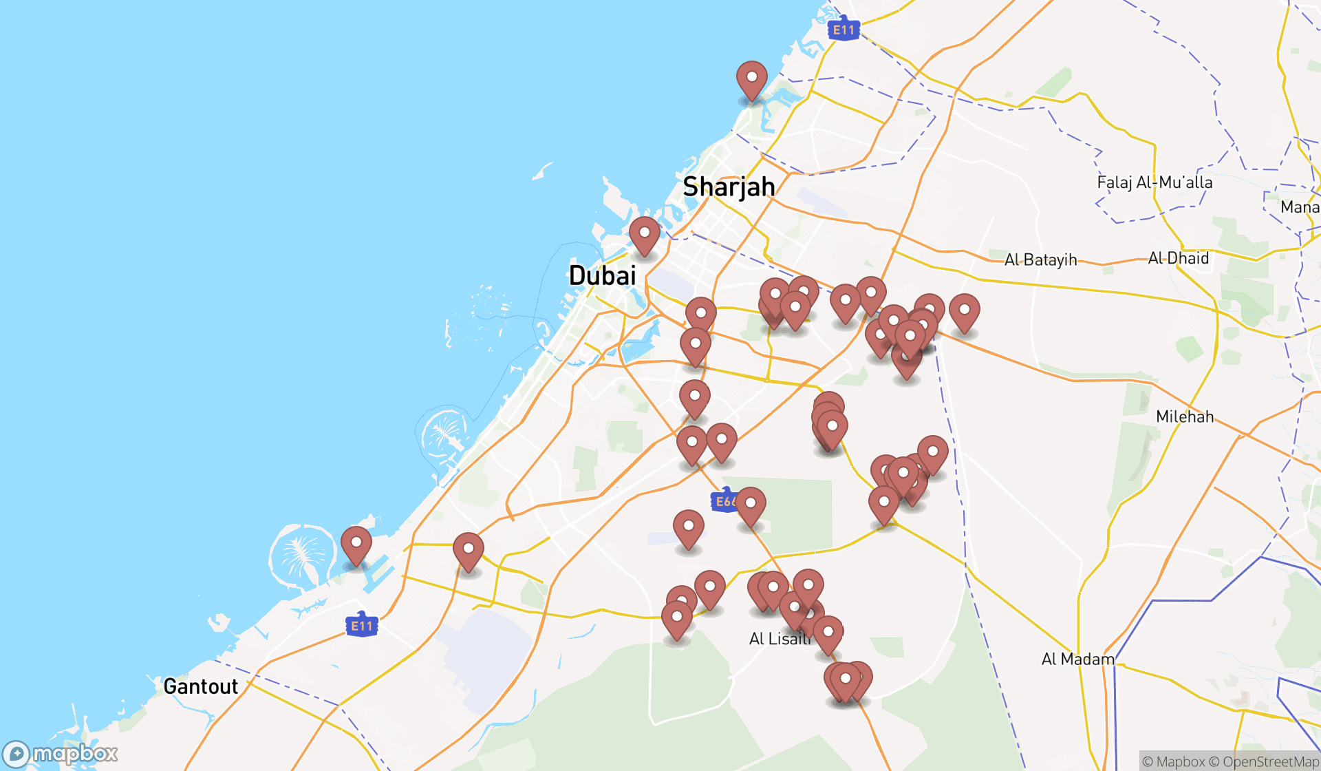 Map showing the search results in Dubai