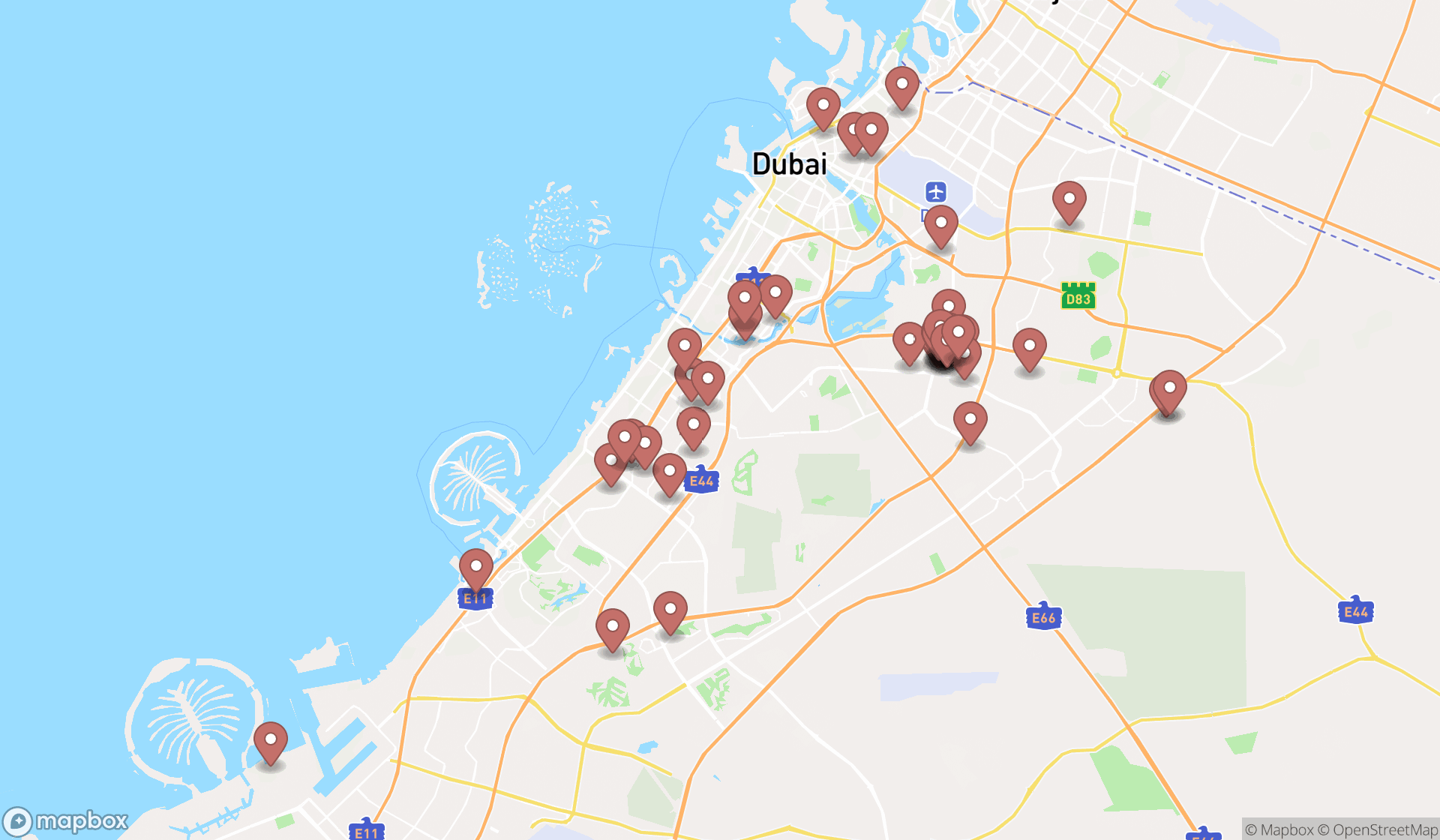 Map showing the search results in Dubai